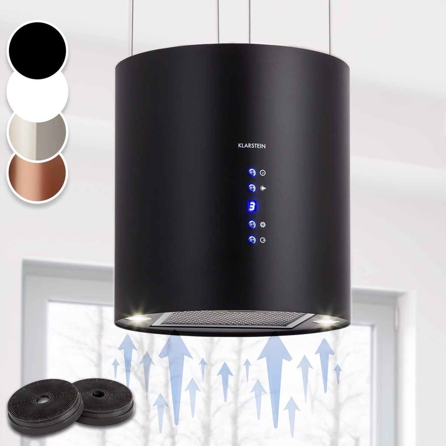 Klarstein Inselhaube Umluft, Leise Dunstabzugshaube für Kochinsel, Aktivkohlefilter, 558m³/h, Energieklasse B
