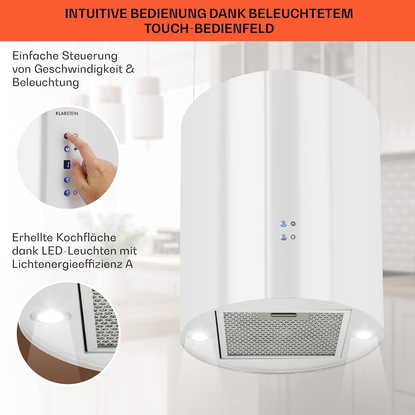 Klarstein Inselhaube Umluft, Leise Dunstabzugshaube für Kochinsel, Aktivkohlefilter, 558m³/h, Energieklasse B