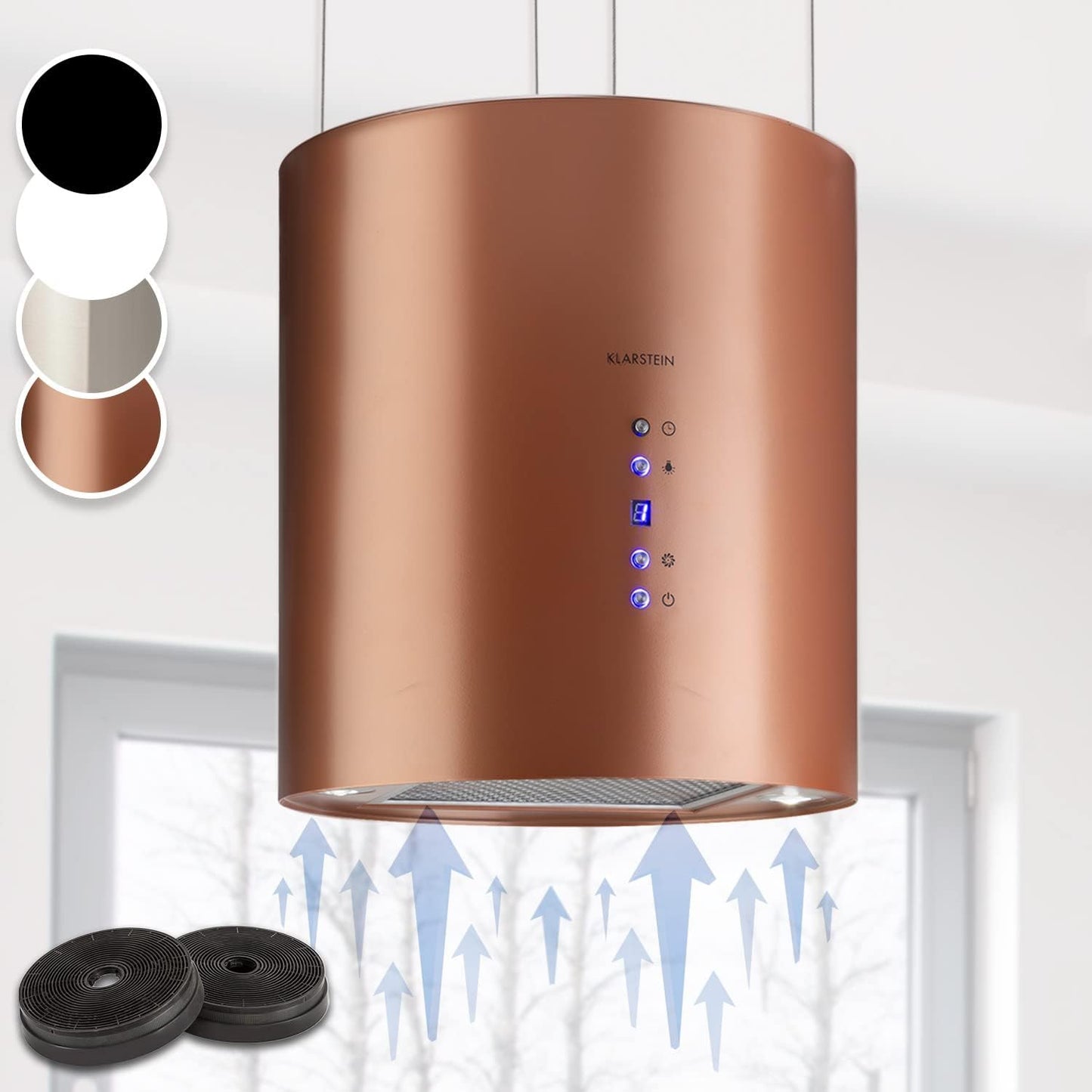 Klarstein Inselhaube Umluft, Leise Dunstabzugshaube für Kochinsel, Aktivkohlefilter, 558m³/h, Energieklasse B