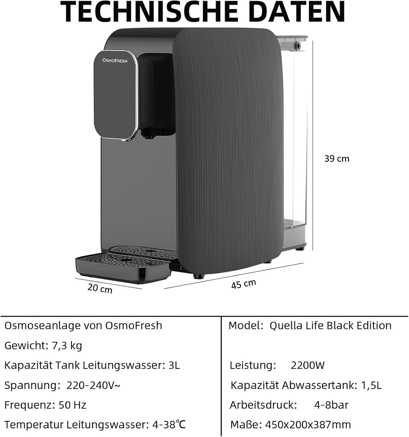 OsmoFresh Quella Life BLACK EDITION, 6 Temperaturstufen, 5-stufige Filterung, mobil, kalkfreies Trinkwasser
