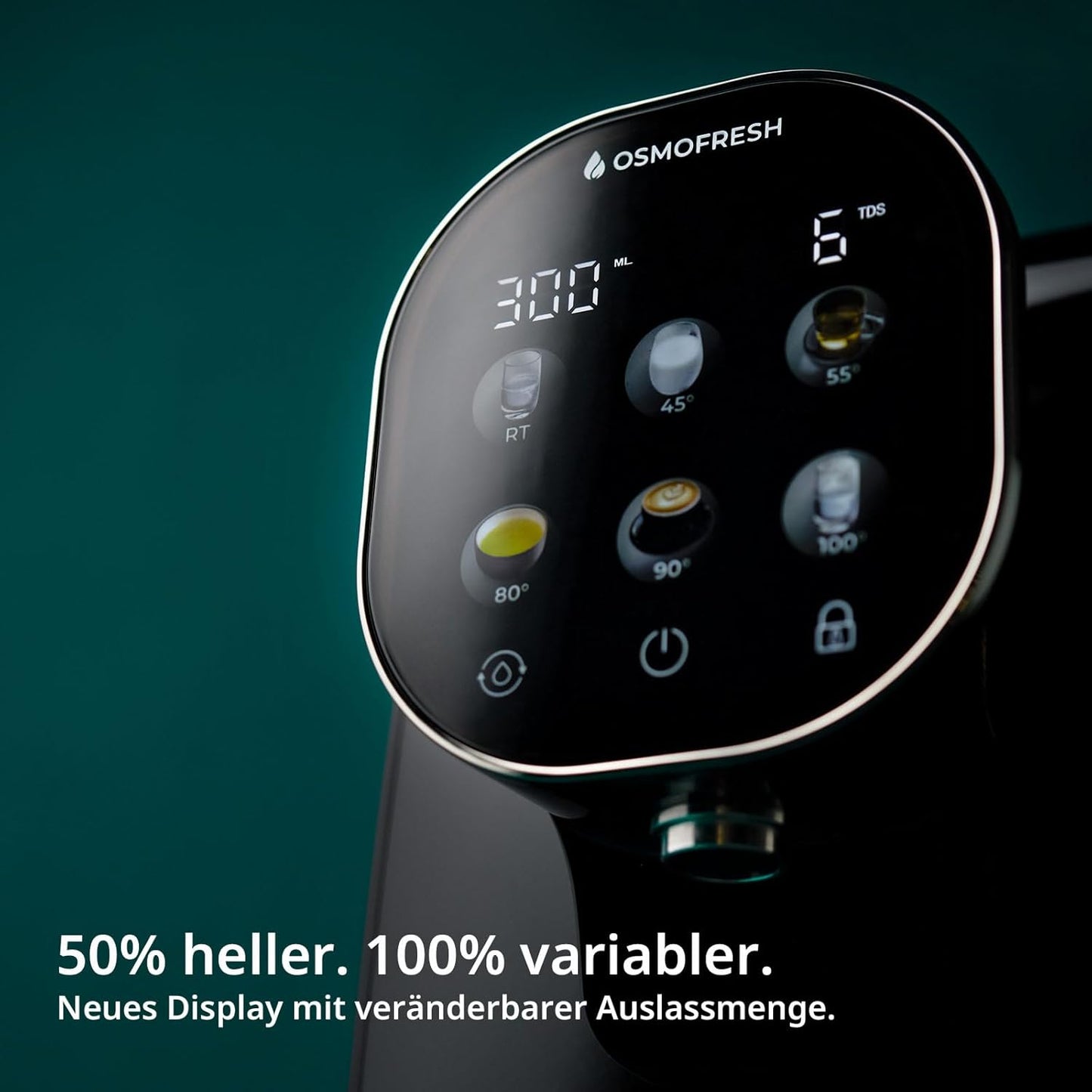 OsmoFresh Quella Pro Black Auftisch Osmoseanlage, 6 Temperaturstufen, 7-fach Filterung, UV, kalkfreies Trinkwasser