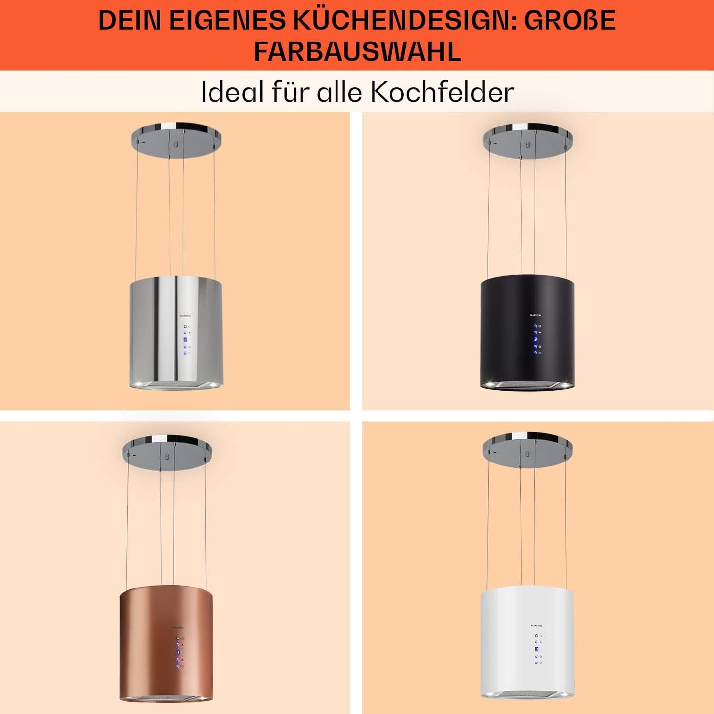 Klarstein Inselhaube Umluft, Leise Dunstabzugshaube für Kochinsel, Aktivkohlefilter, 558m³/h, Energieklasse B