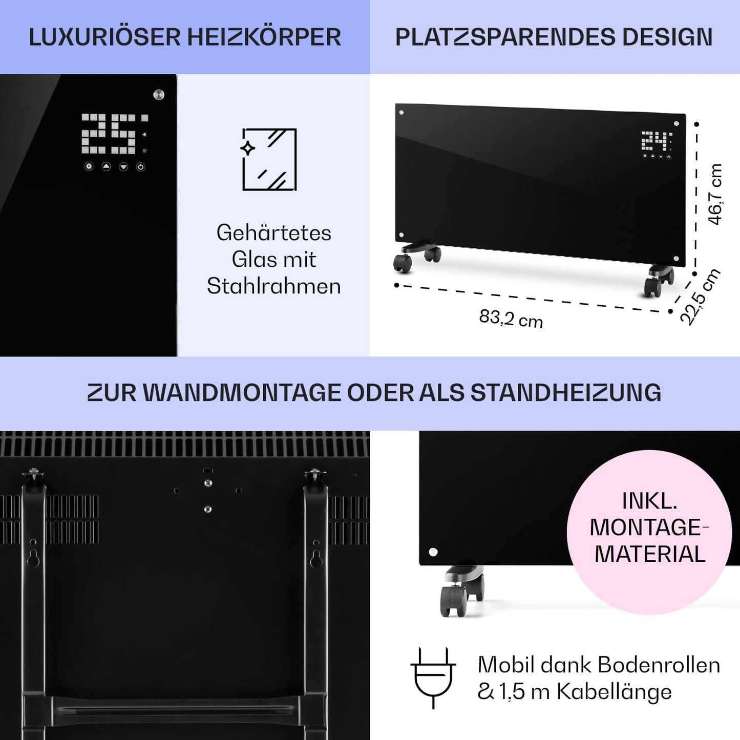 Klarstein Elektroheizung, Konvektor mit Bodenrollen, mobile, energiesparend, leise, 1000W, mit Thermostat