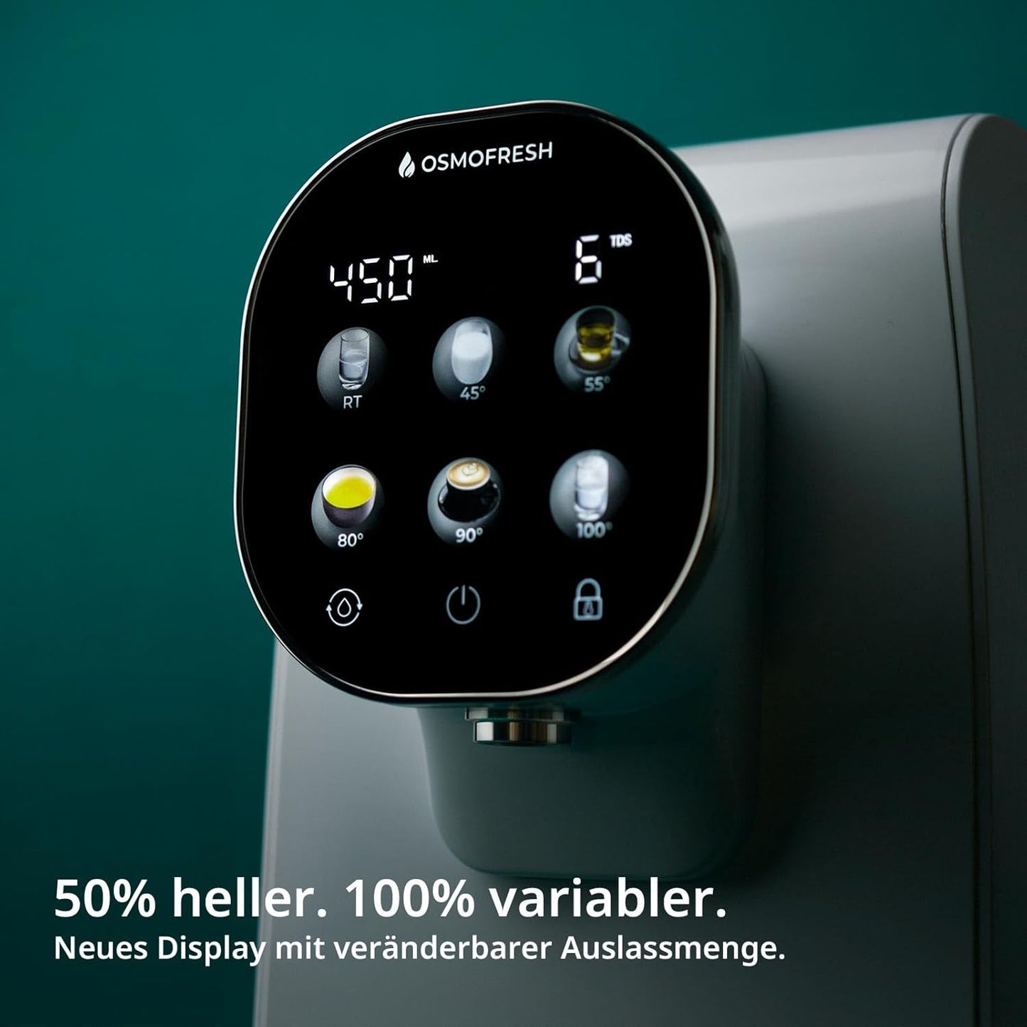 OsmoFresh Quella Pro Black Auftisch Osmoseanlage, 6 Temperaturstufen, 7-fach Filterung, UV, kalkfreies Trinkwasser