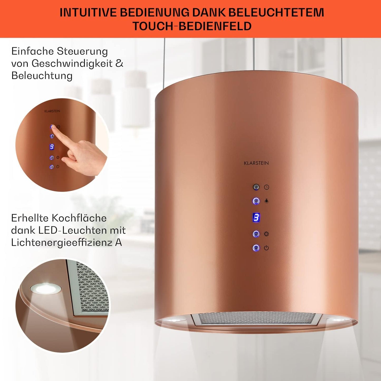 Klarstein Inselhaube Umluft, Leise Dunstabzugshaube für Kochinsel, Aktivkohlefilter, 558m³/h, Energieklasse B