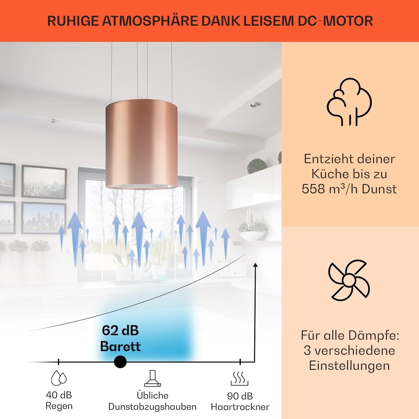 Klarstein Inselhaube Umluft, Leise Dunstabzugshaube für Kochinsel, Aktivkohlefilter, 558m³/h, Energieklasse B