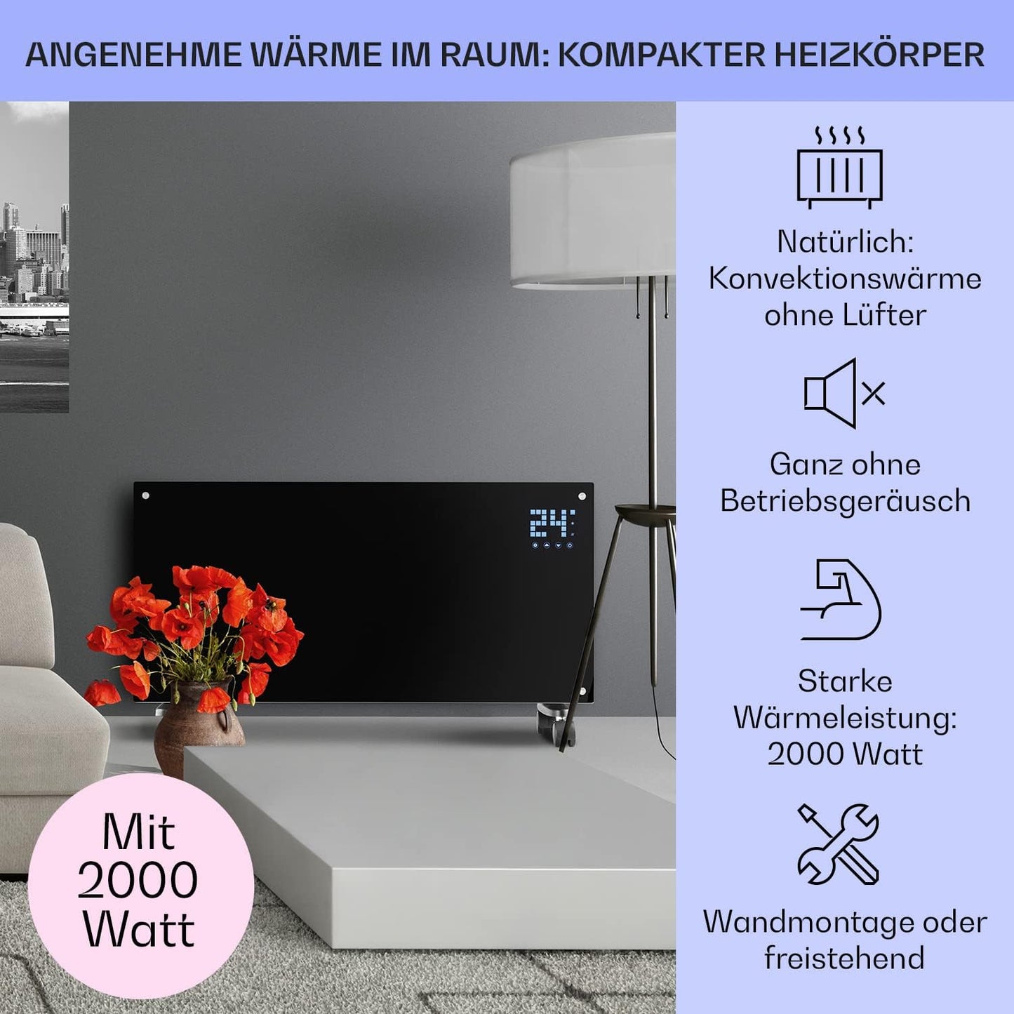 Klarstein Elektroheizung, Konvektor mit Bodenrollen, mobile, energiesparend, leise, 1000W, mit Thermostat