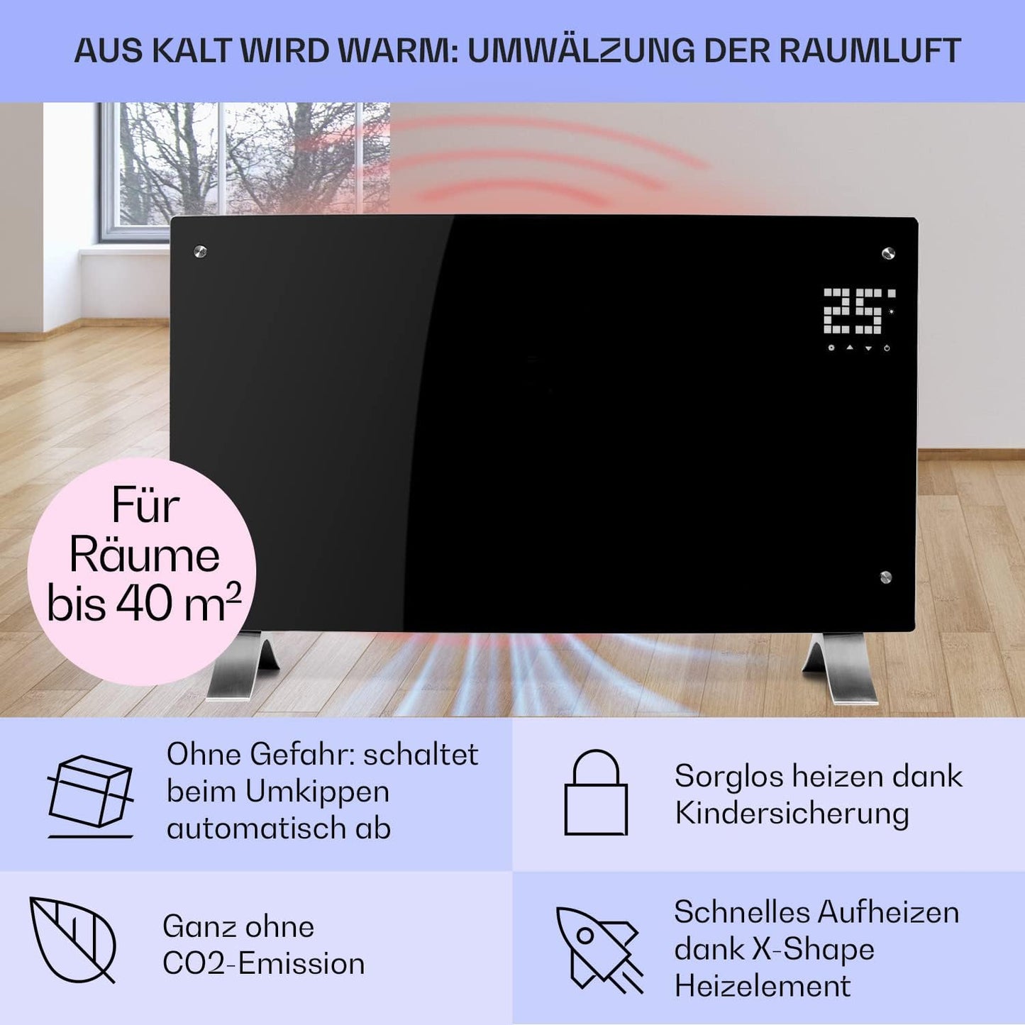 Klarstein Elektroheizung, Konvektor mit Bodenrollen, mobile, energiesparend, leise, 1000W, mit Thermostat