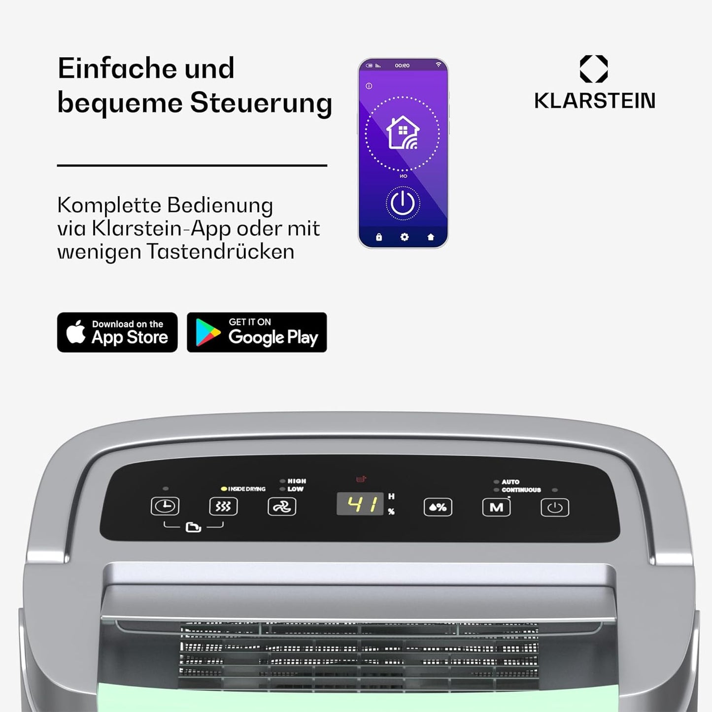 Klarstein Luftentfeuchter bis 55m², Smart Dehumidifier für Wohnung, Bad & Keller, 50L, WLAN IoT App