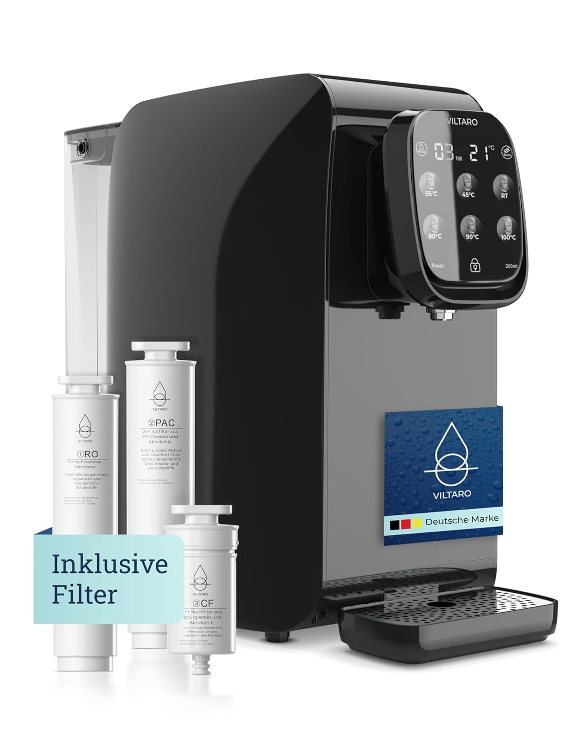 VILTARO® Osmoseanlage Trinkwasser, 5-stufiges Filtersystem, 6 Temperaturstufen, mobil ohne Wasseranschluss