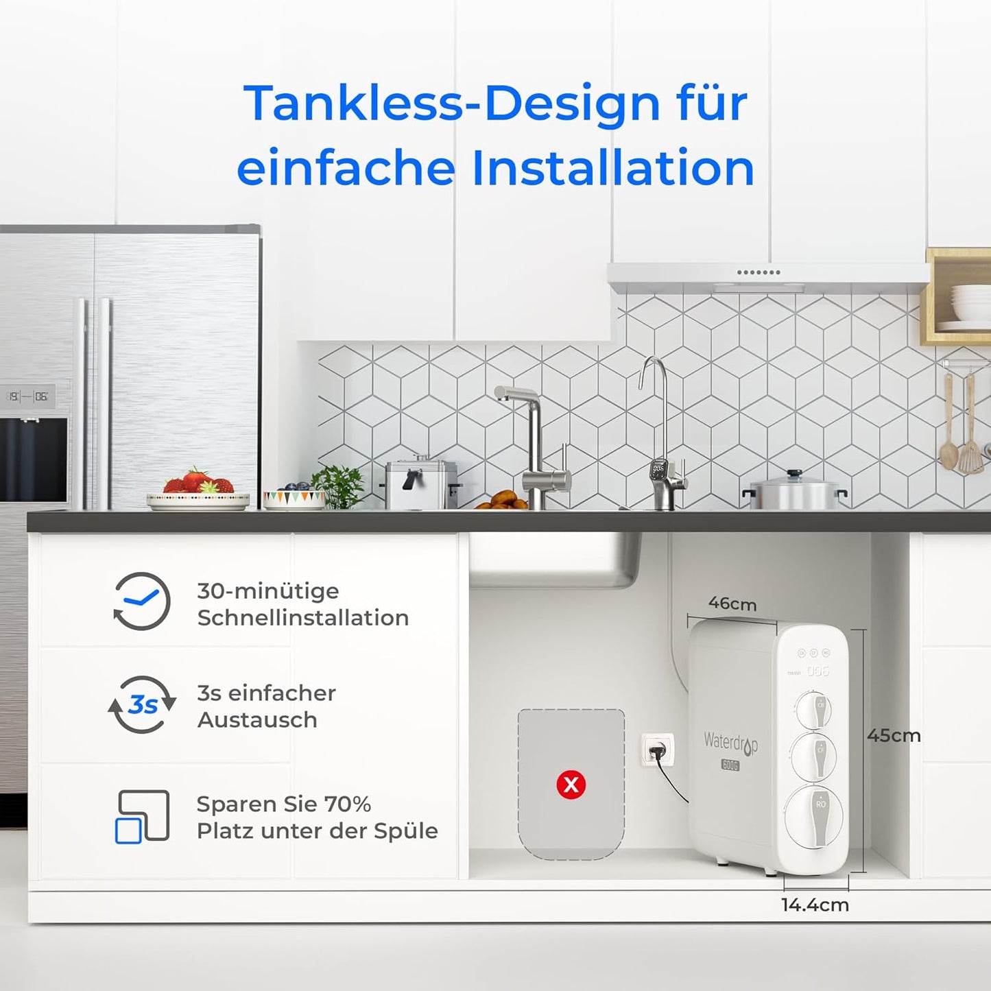 Waterdrop G3P600 Umkehrosmoseanlage, 600 GPD, 8000L, reduziert TDS, 2:1 Rein zum Abfluss, LED-Wasserhahn
