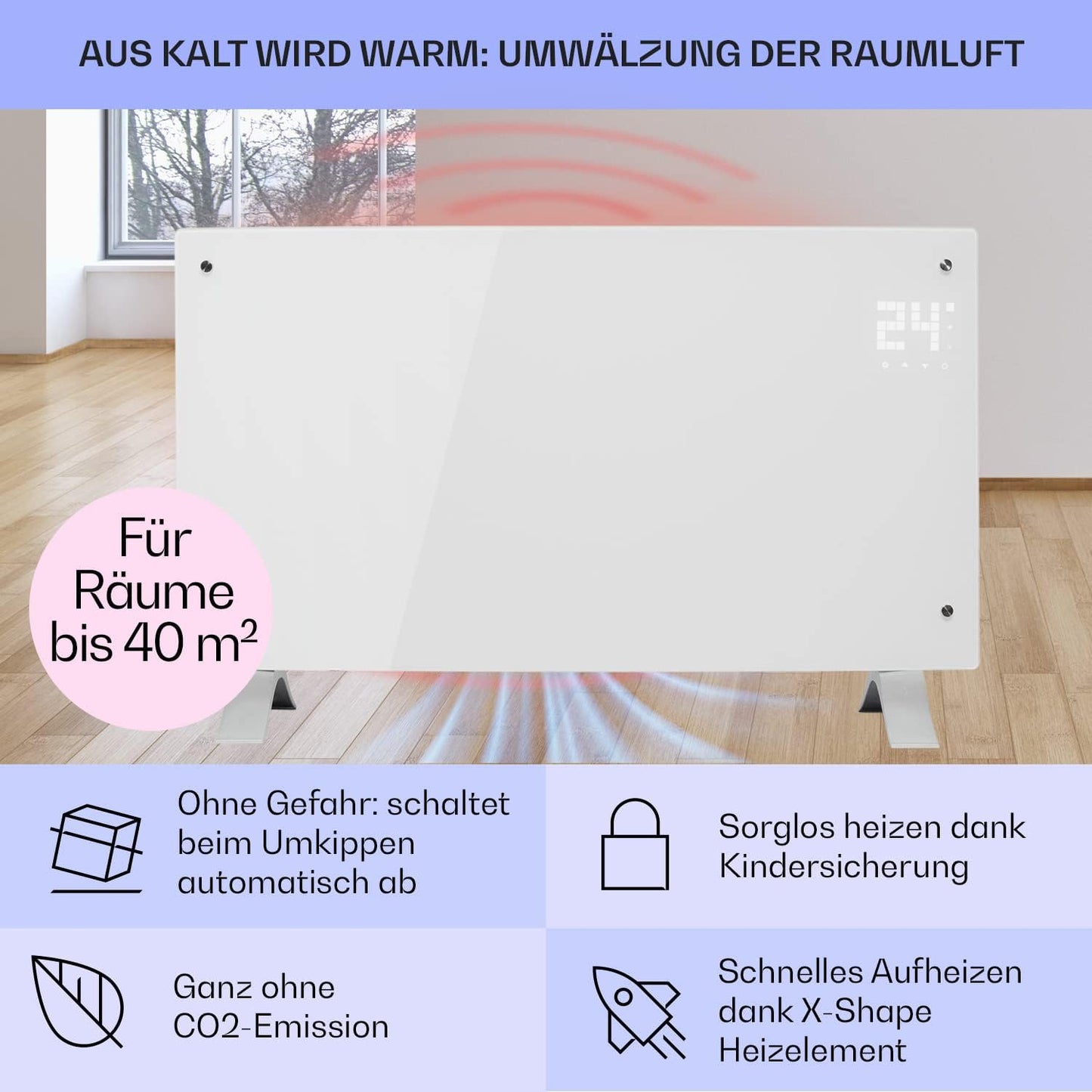 Klarstein Elektroheizung, Konvektor mit Bodenrollen, mobile, energiesparend, leise, 1000W, mit Thermostat