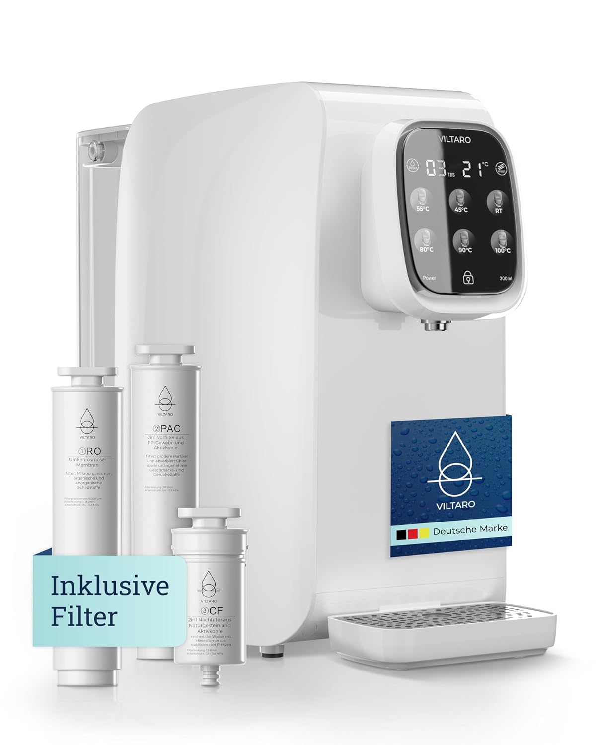 VILTARO® Osmoseanlage Trinkwasser, 5-stufiges Filtersystem, 6 Temperaturstufen, mobil ohne Wasseranschluss