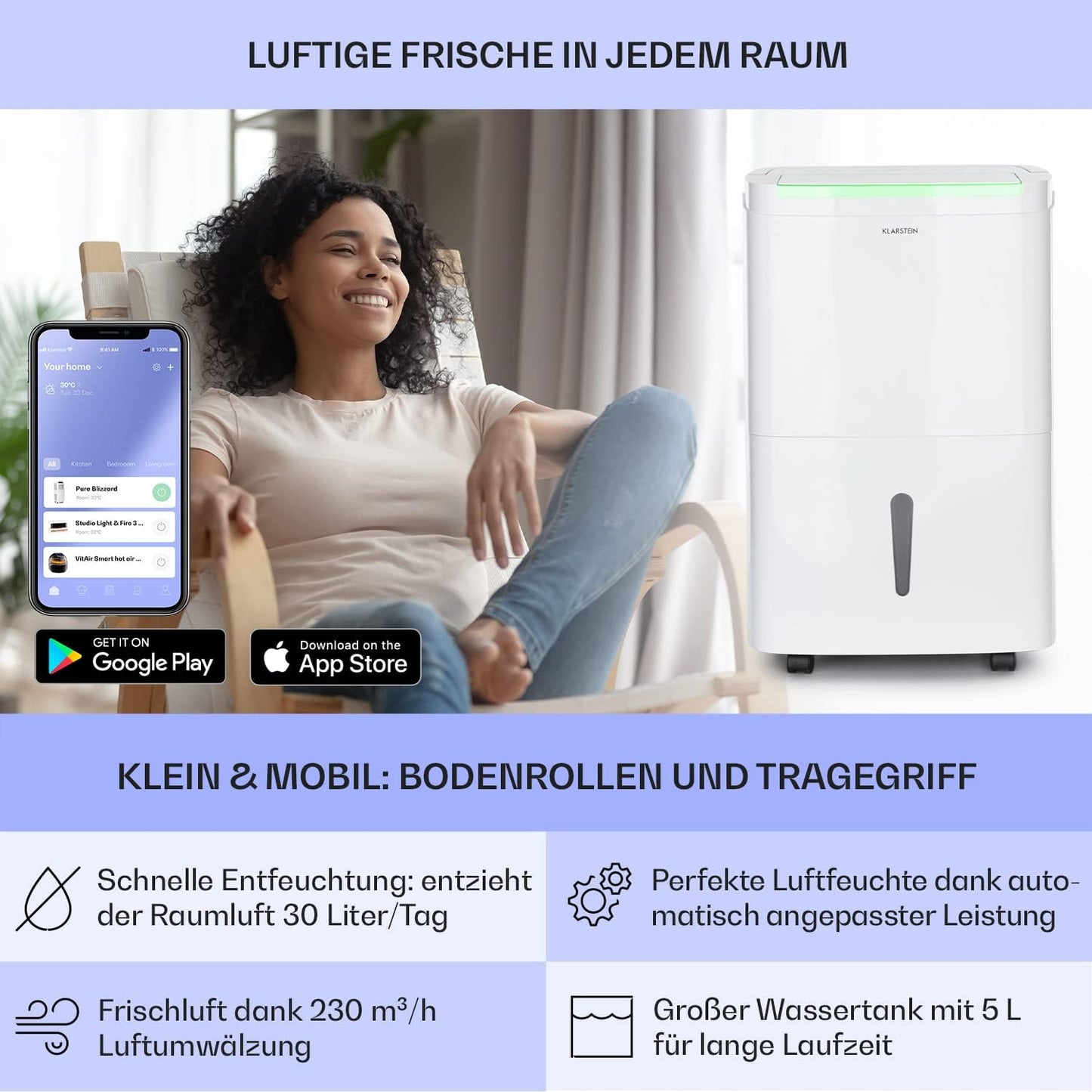 Klarstein Luftentfeuchter bis 55m², Smart Dehumidifier für Wohnung, Bad & Keller, 50L, WLAN IoT App