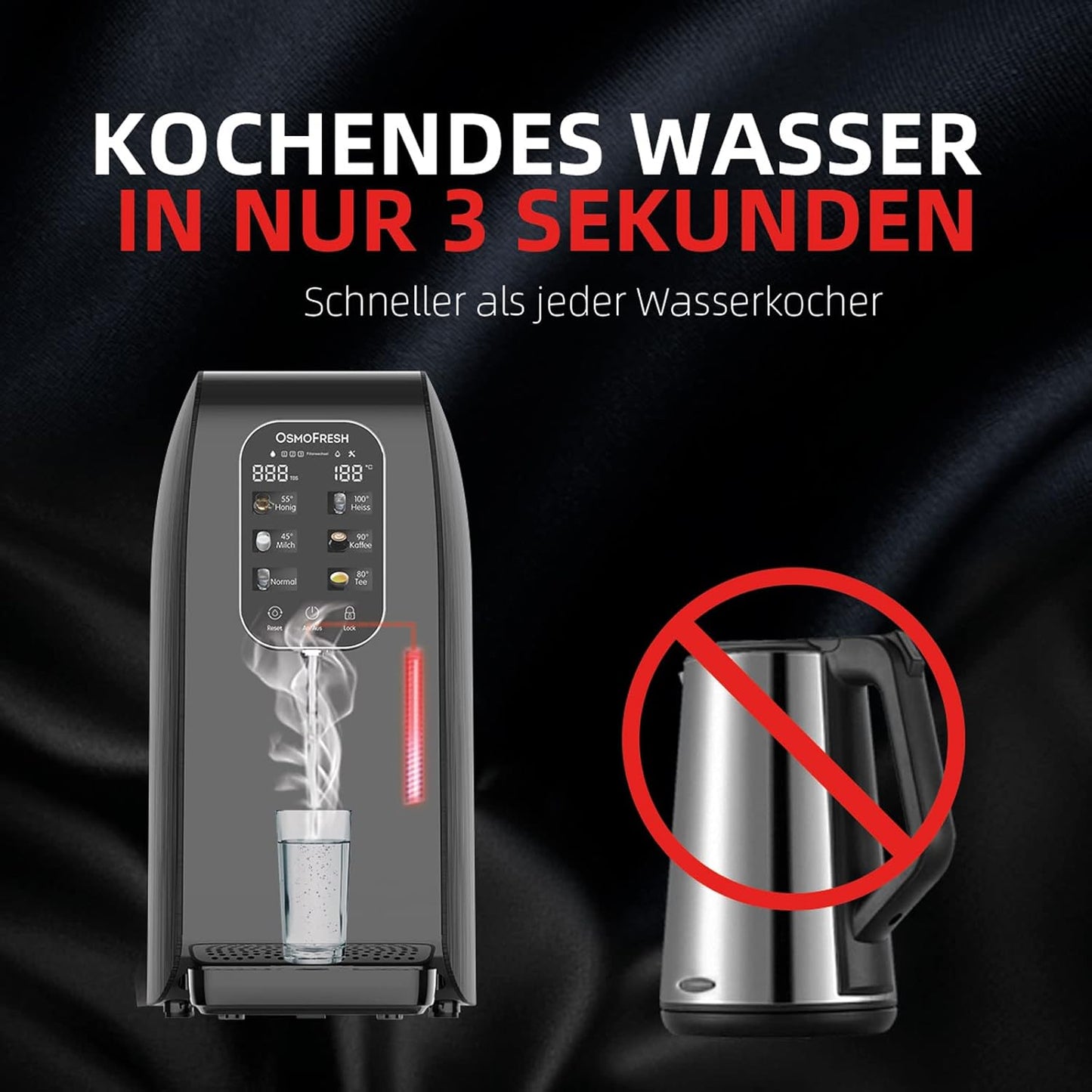 OsmoFresh Quella Life Auftisch Osmoseanlage, 6 Temperaturstufen, 5-stufige Filterung, kalkfreies Trinkwasser