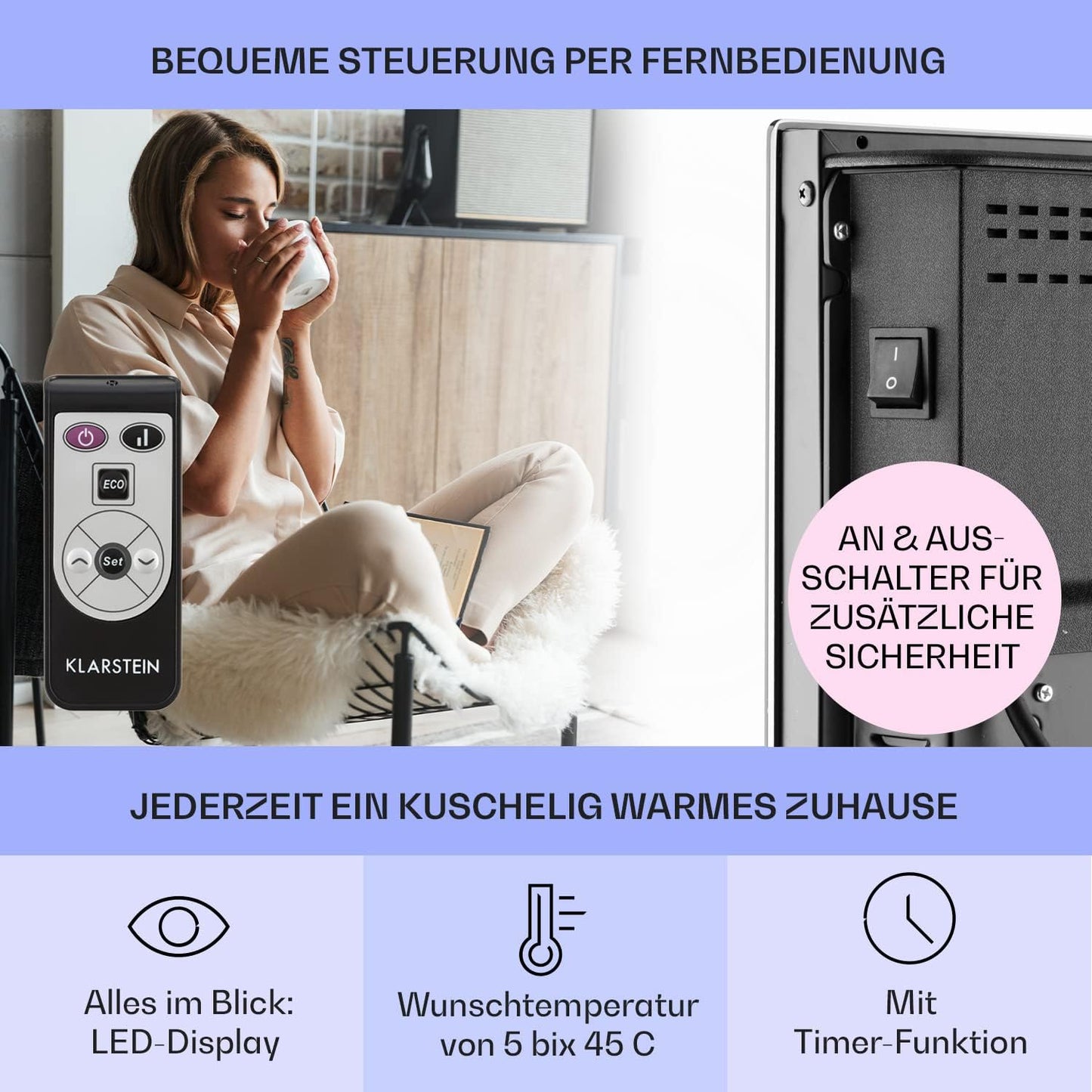 Klarstein Elektroheizung, Konvektor mit Bodenrollen, mobile, energiesparend, leise, 1000W, mit Thermostat