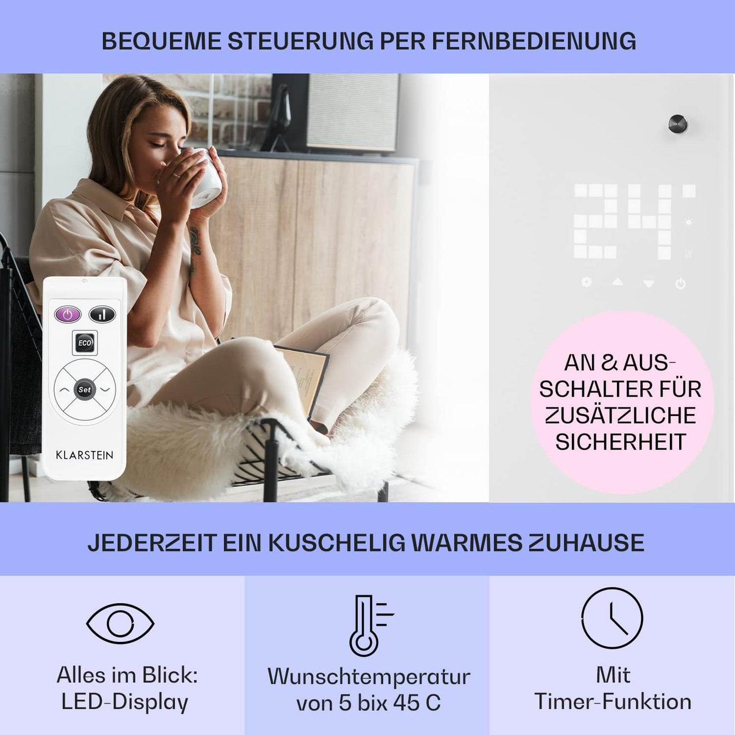 Klarstein Elektroheizung, Konvektor mit Bodenrollen, mobile, energiesparend, leise, 1000W, mit Thermostat