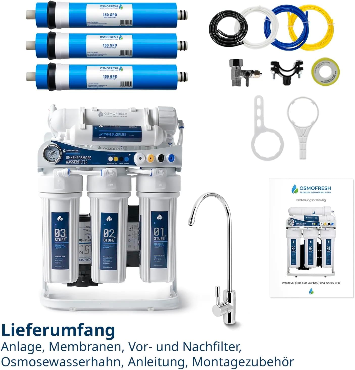 OsmoFresh Proline X3 Osmoseanlage, 600 GPD, 1,6l/min, unter Spüle, mit Osmosehahn, Premium Hersteller
