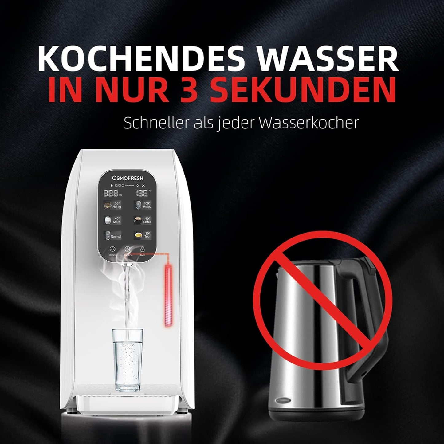 OsmoFresh Quella Life BLACK EDITION, 6 Temperaturstufen, 5-stufige Filterung, mobil, kalkfreies Trinkwasser