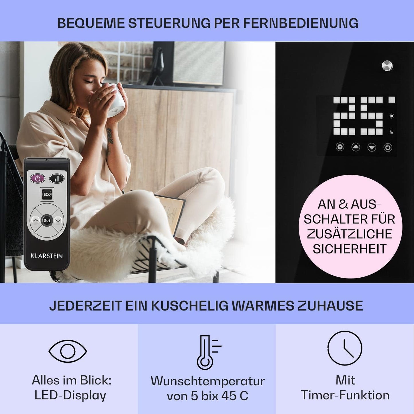 Klarstein Elektroheizung, Konvektor mit Bodenrollen, mobile, energiesparend, leise, 1000W, mit Thermostat