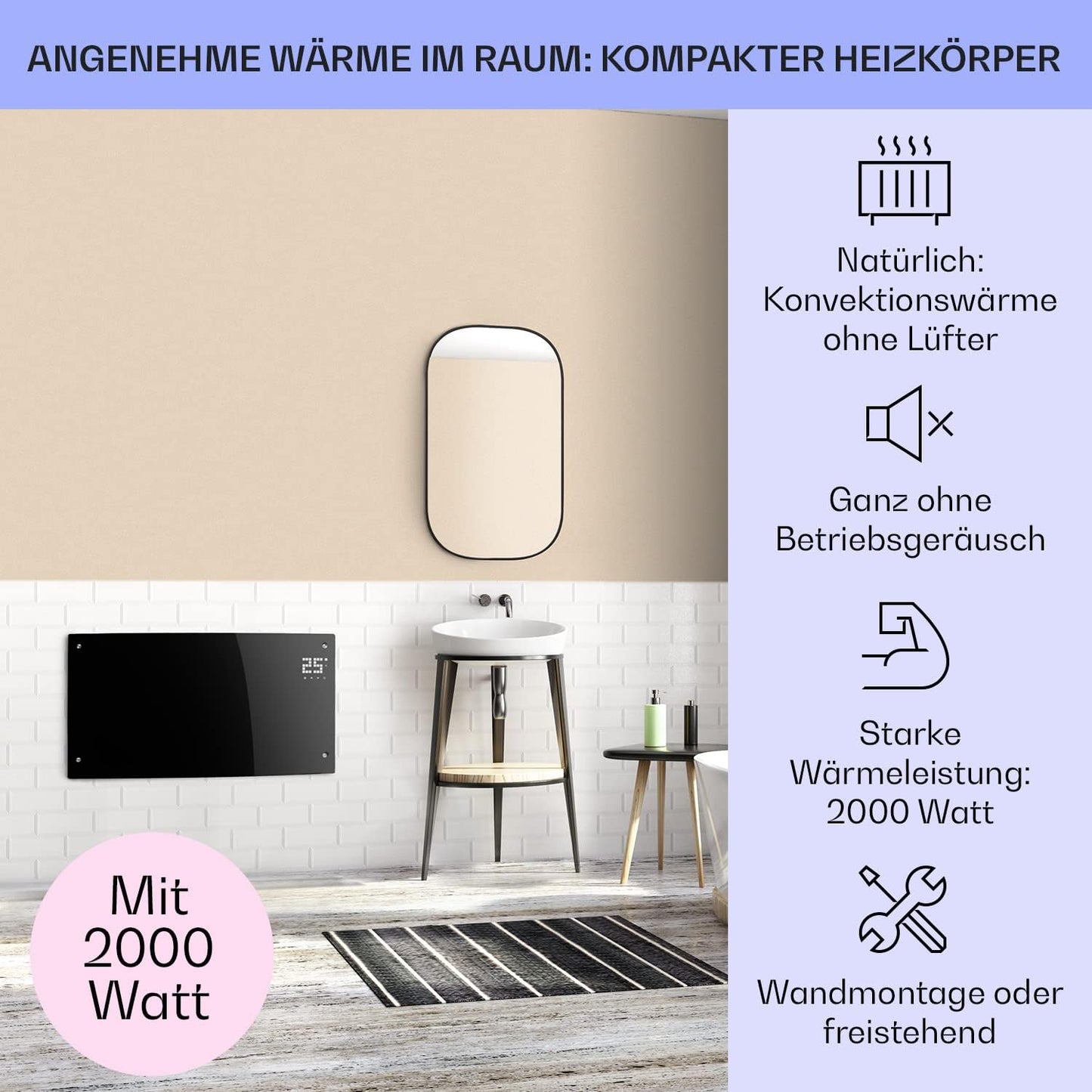 Klarstein Elektroheizung, Konvektor mit Bodenrollen, mobile, energiesparend, leise, 1000W, mit Thermostat