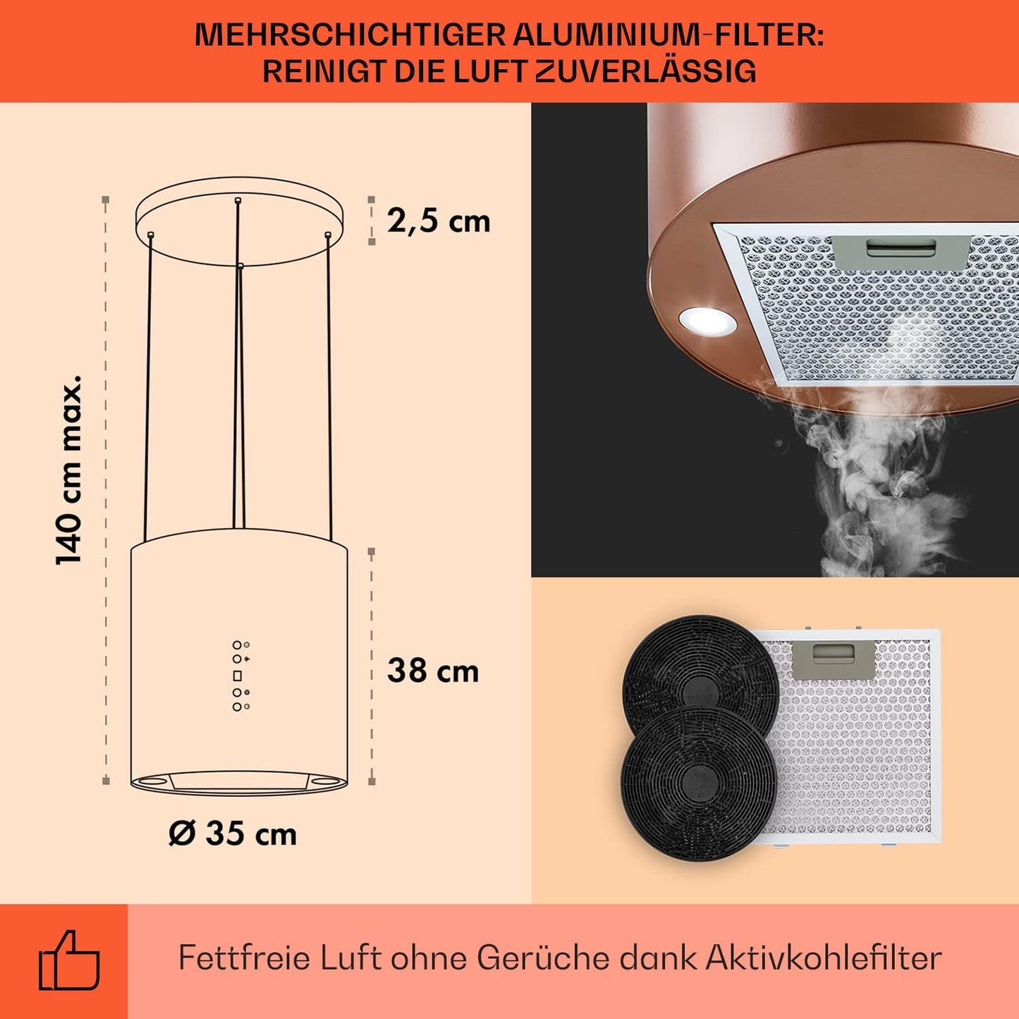 Klarstein Inselhaube Umluft, Leise Dunstabzugshaube für Kochinsel, Aktivkohlefilter, 558m³/h, Energieklasse B
