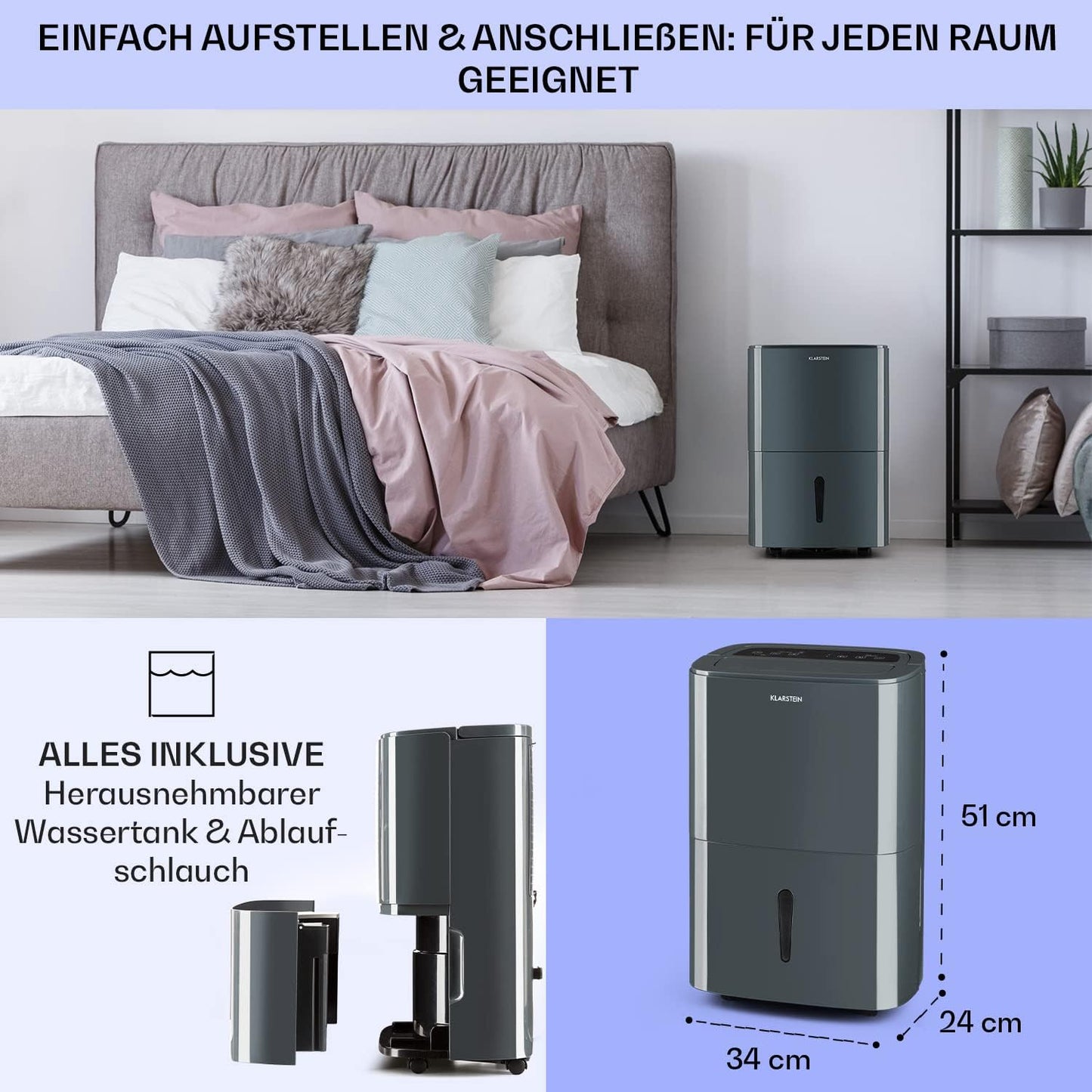 Klarstein Luftentfeuchter bis 55m², Smart Dehumidifier für Wohnung, Bad & Keller, 50L, WLAN IoT App