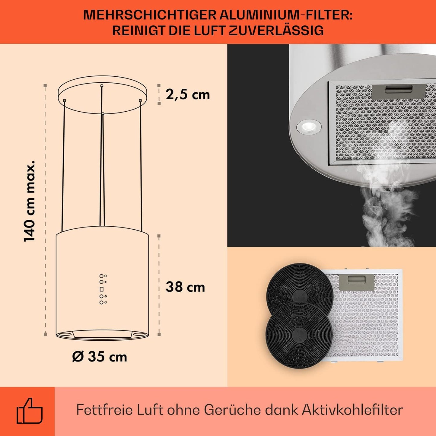 Klarstein Inselhaube Umluft, Leise Dunstabzugshaube für Kochinsel, Aktivkohlefilter, 558m³/h, Energieklasse B