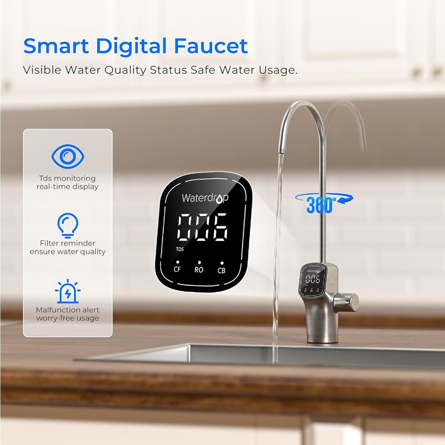 Waterdrop G3P600 Umkehrosmoseanlage, 600 GPD, 8000L, reduziert TDS, 2:1 Rein zum Abfluss, LED-Wasserhahn