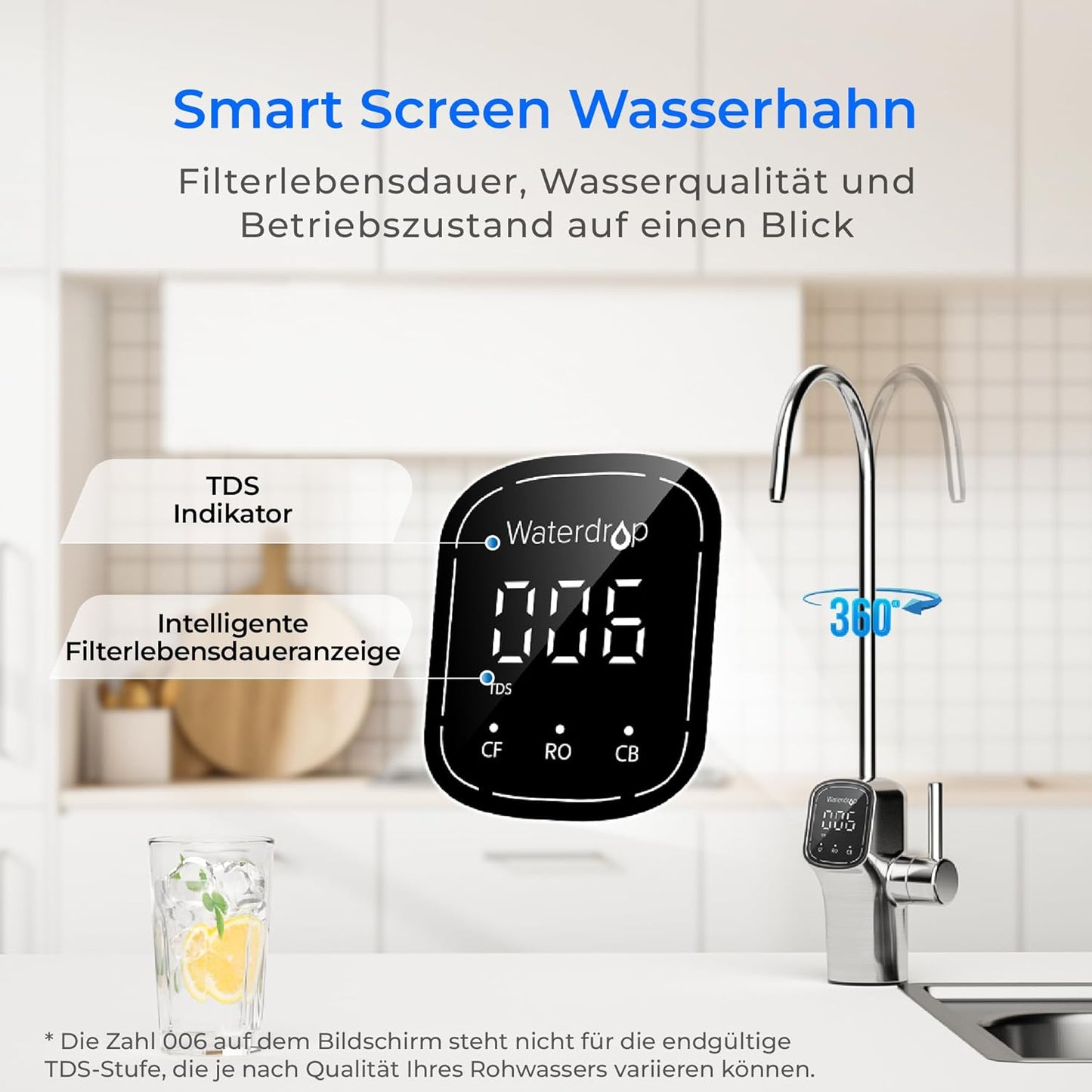 Waterdrop G3P600 Umkehrosmoseanlage, 600 GPD, 8000L, reduziert TDS, 2:1 Rein zum Abfluss, LED-Wasserhahn