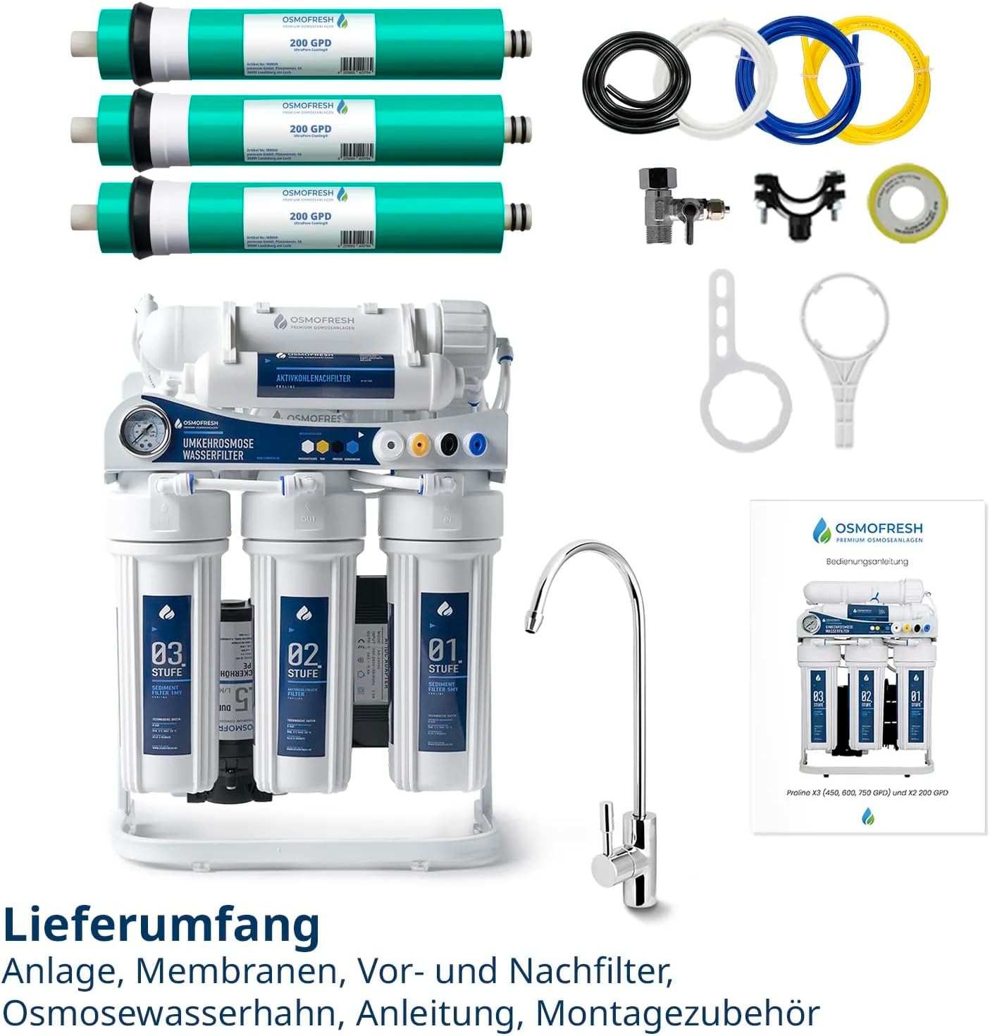 OsmoFresh Proline X3 Osmoseanlage, 600 GPD, 1,6l/min, unter Spüle, mit Osmosehahn, Premium Hersteller
