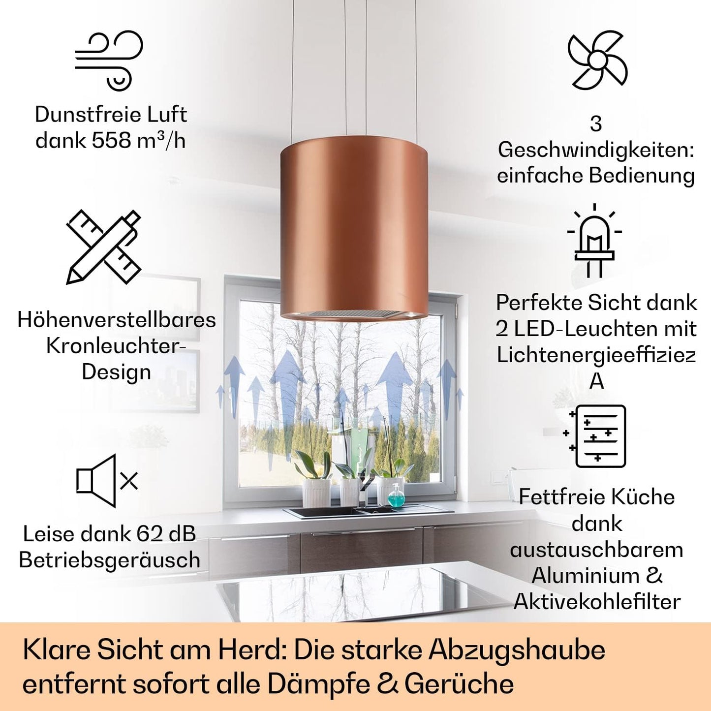 Klarstein Inselhaube Umluft, Leise Dunstabzugshaube für Kochinsel, Aktivkohlefilter, 558m³/h, Energieklasse B