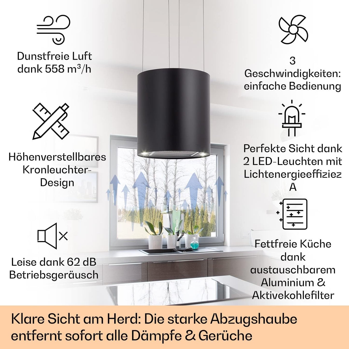Klarstein Inselhaube Umluft, Leise Dunstabzugshaube für Kochinsel, Aktivkohlefilter, 558m³/h, Energieklasse B