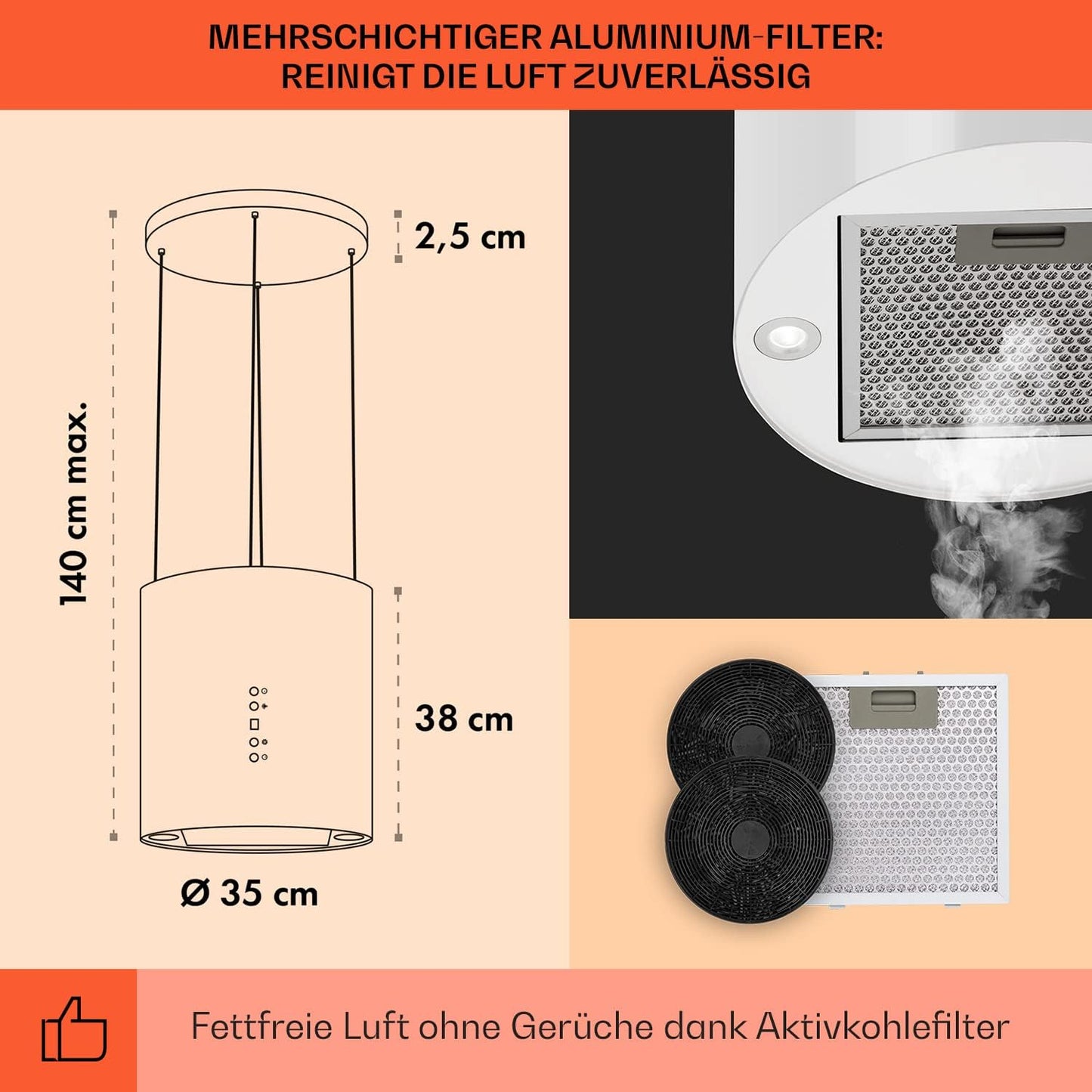 Klarstein Inselhaube Umluft, Leise Dunstabzugshaube für Kochinsel, Aktivkohlefilter, 558m³/h, Energieklasse B