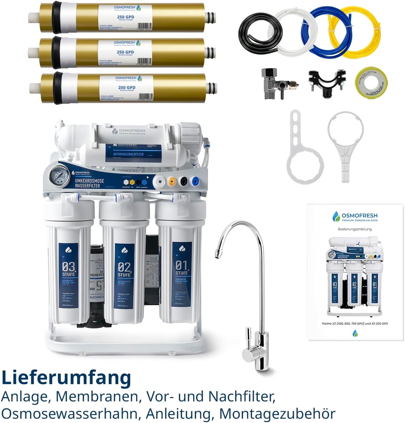 OsmoFresh Proline X3 Osmoseanlage, 600 GPD, 1,6l/min, unter Spüle, mit Osmosehahn, Premium Hersteller
