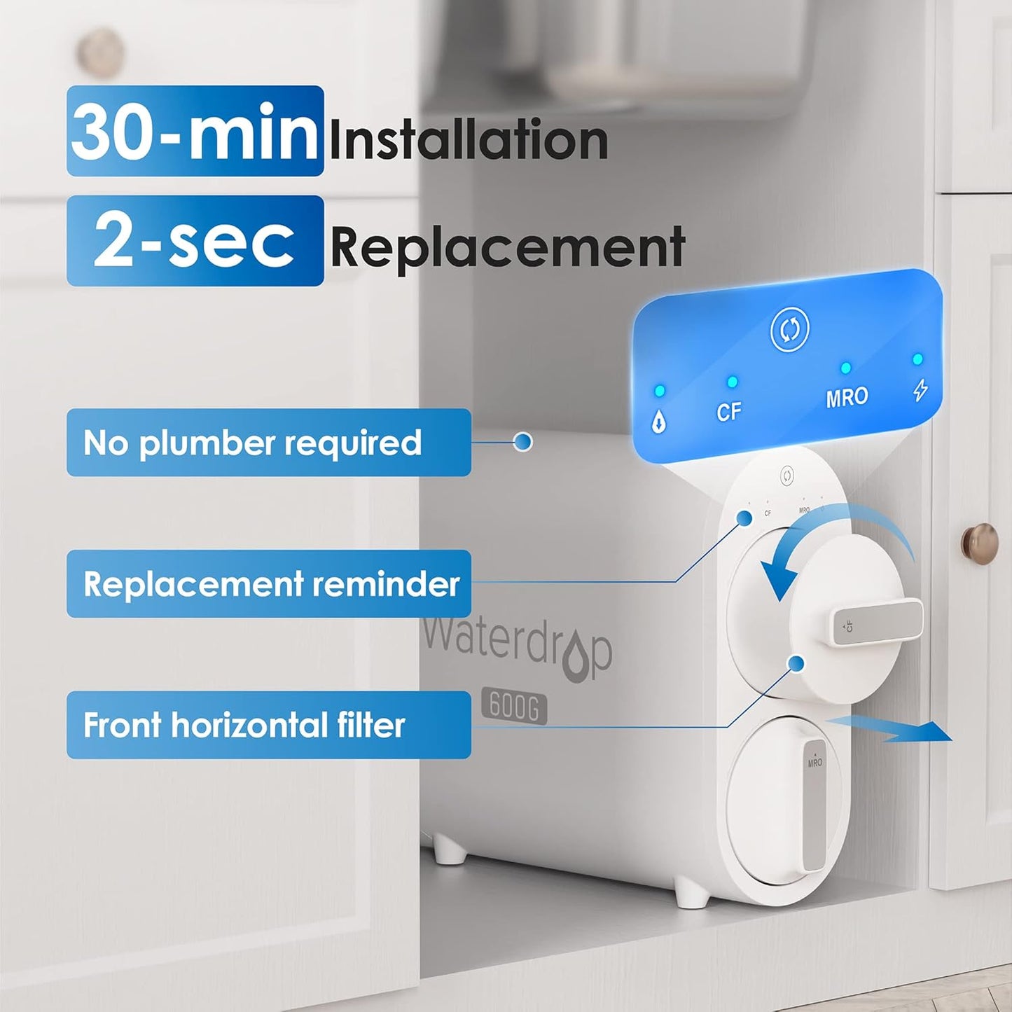 Waterdrop G3P600 Umkehrosmoseanlage, 600 GPD, 8000L, reduziert TDS, 2:1 Rein zum Abfluss, LED-Wasserhahn