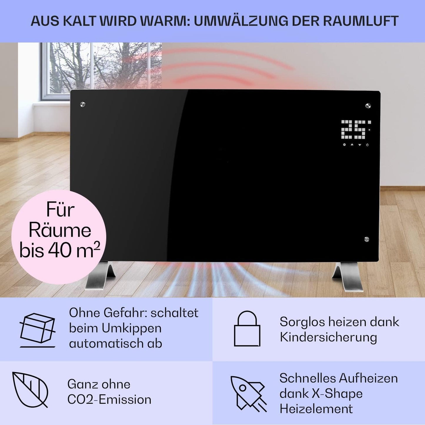 Klarstein Elektroheizung, Konvektor mit Bodenrollen, mobile, energiesparend, leise, 1000W, mit Thermostat