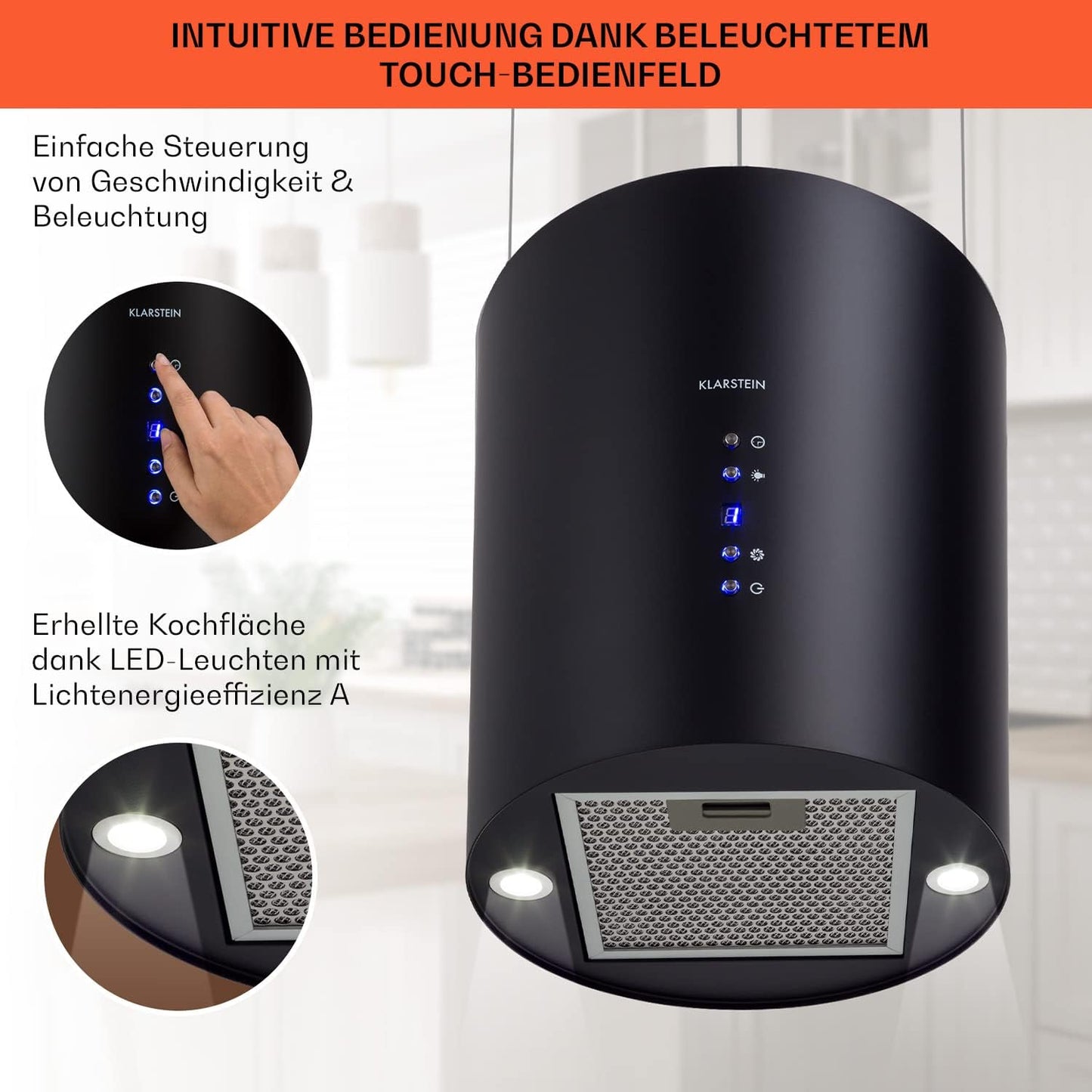 Klarstein Inselhaube Umluft, Leise Dunstabzugshaube für Kochinsel, Aktivkohlefilter, 558m³/h, Energieklasse B