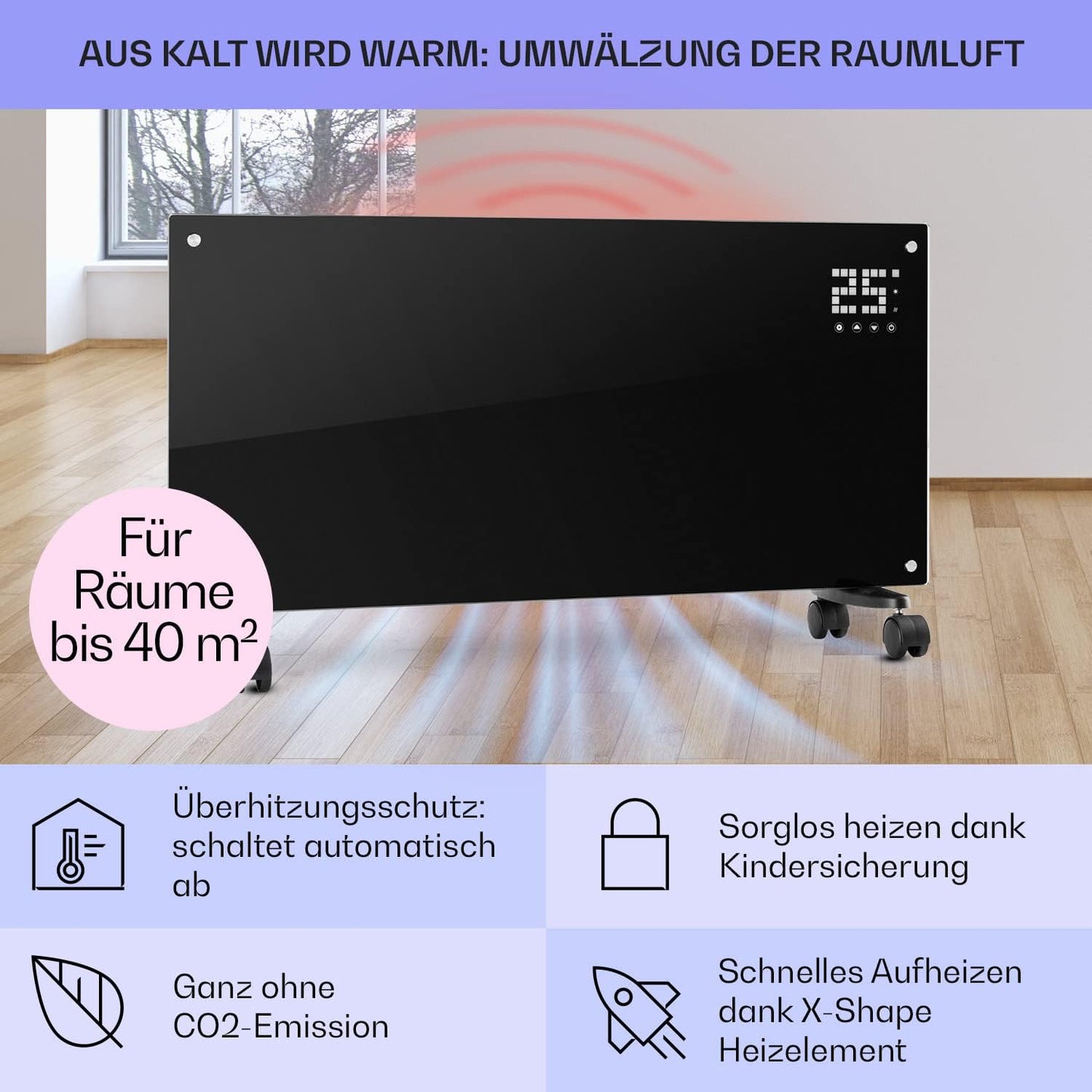Klarstein Elektroheizung, Konvektor mit Bodenrollen, mobile, energiesparend, leise, 1000W, mit Thermostat