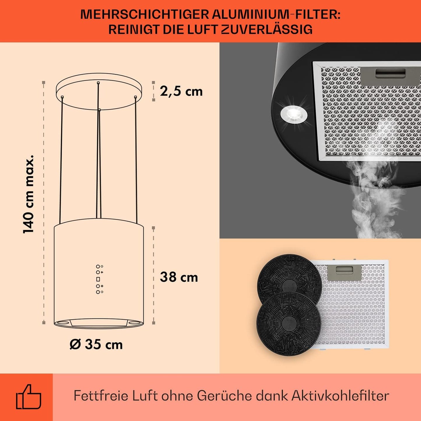 Klarstein Inselhaube Umluft, Leise Dunstabzugshaube für Kochinsel, Aktivkohlefilter, 558m³/h, Energieklasse B