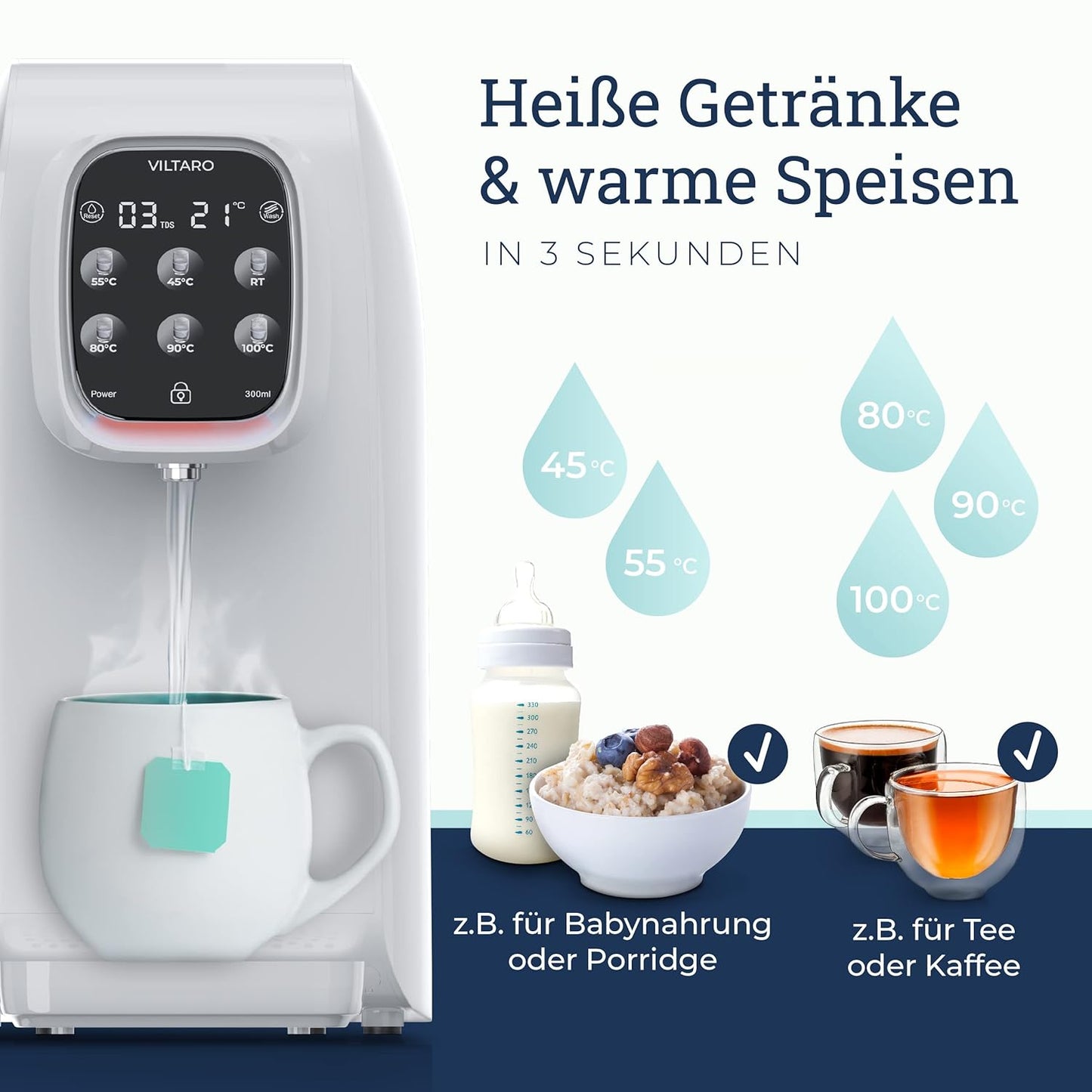VILTARO® Osmoseanlage Trinkwasser, 5-stufiges Filtersystem, 6 Temperaturstufen, mobil ohne Wasseranschluss