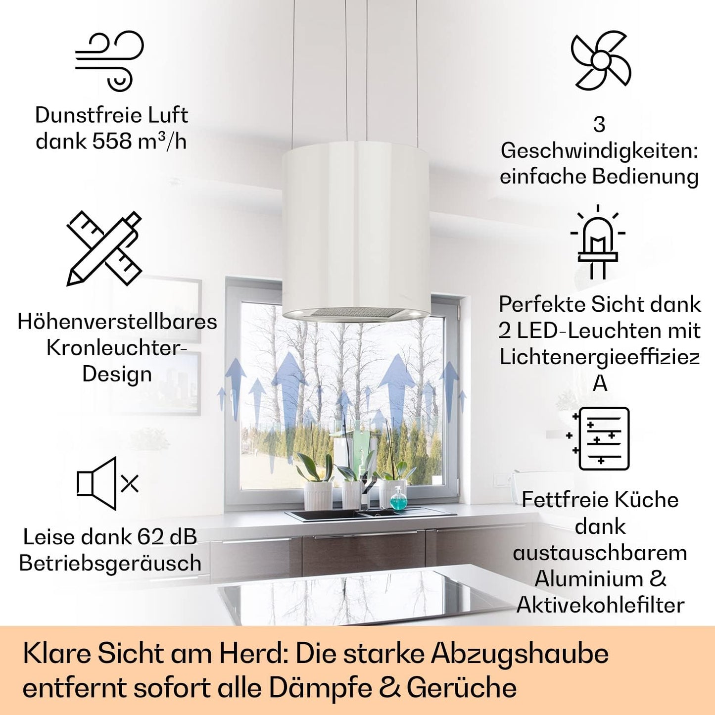 Klarstein Inselhaube Umluft, Leise Dunstabzugshaube für Kochinsel, Aktivkohlefilter, 558m³/h, Energieklasse B