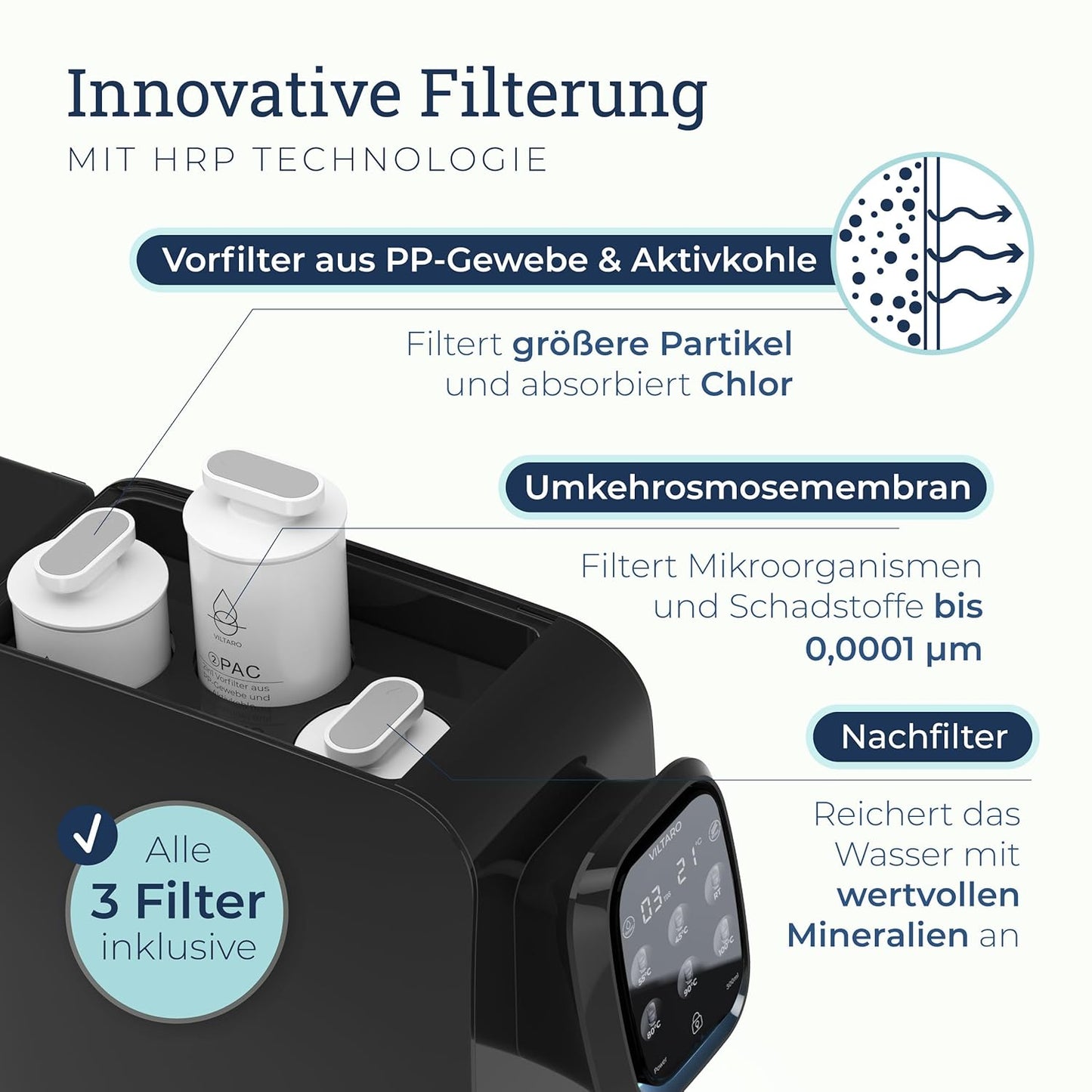 VILTARO® Osmoseanlage Trinkwasser, 5-stufiges Filtersystem, 6 Temperaturstufen, mobil ohne Wasseranschluss