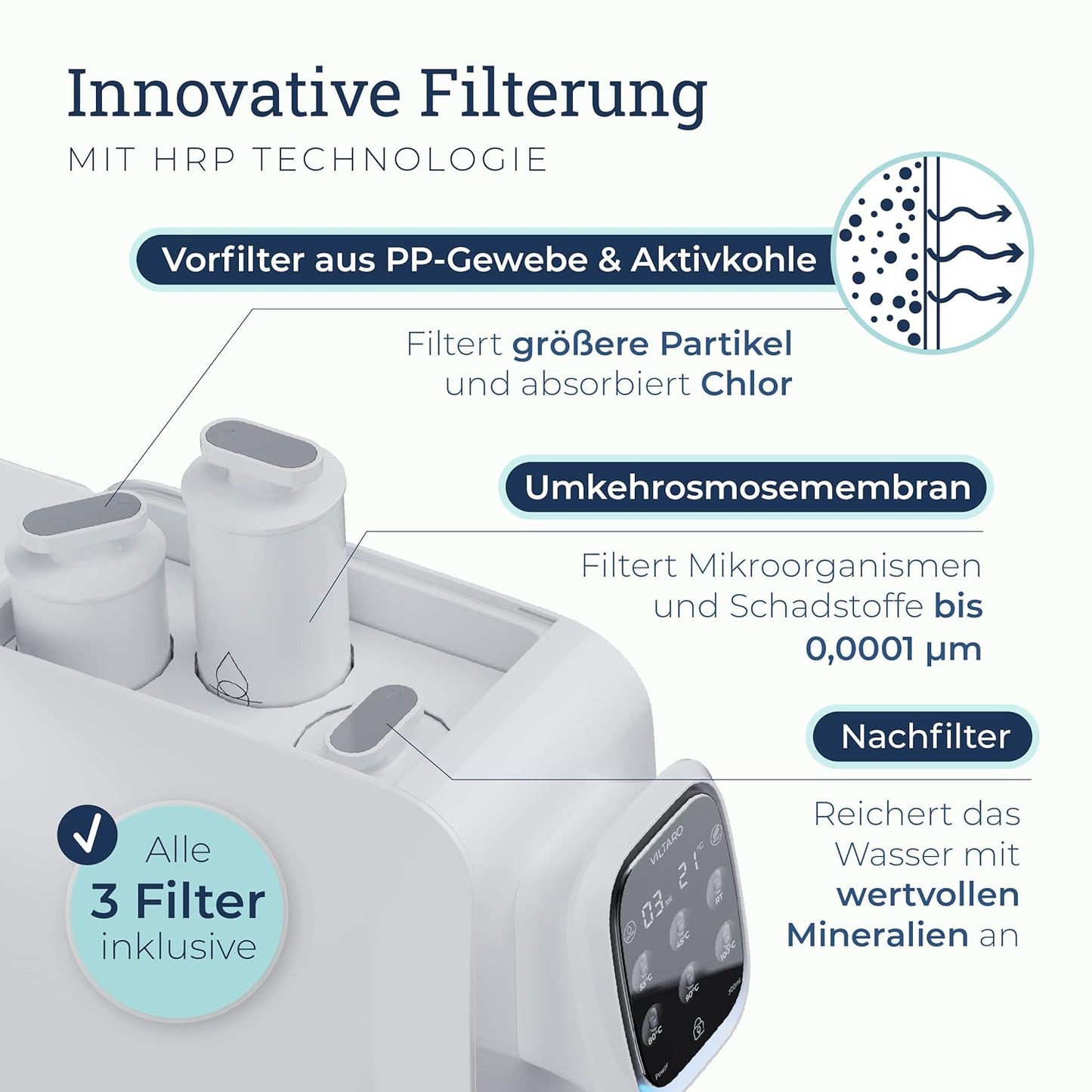 VILTARO® Osmoseanlage Trinkwasser, 5-stufiges Filtersystem, 6 Temperaturstufen, mobil ohne Wasseranschluss