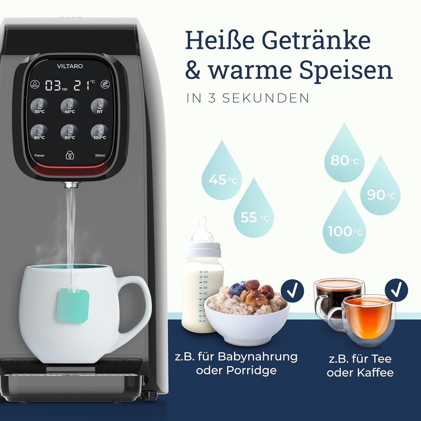 VILTARO® Osmoseanlage Trinkwasser, 5-stufiges Filtersystem, 6 Temperaturstufen, mobil ohne Wasseranschluss