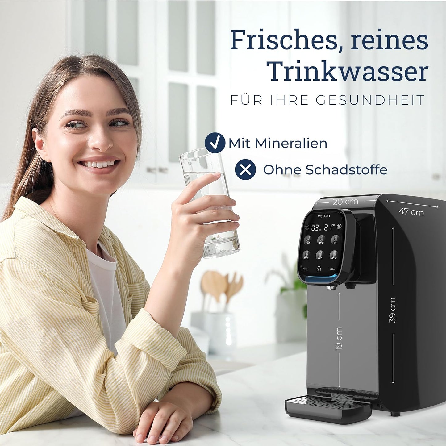 VILTARO® Osmoseanlage Trinkwasser, 5-stufiges Filtersystem, 6 Temperaturstufen, mobil ohne Wasseranschluss