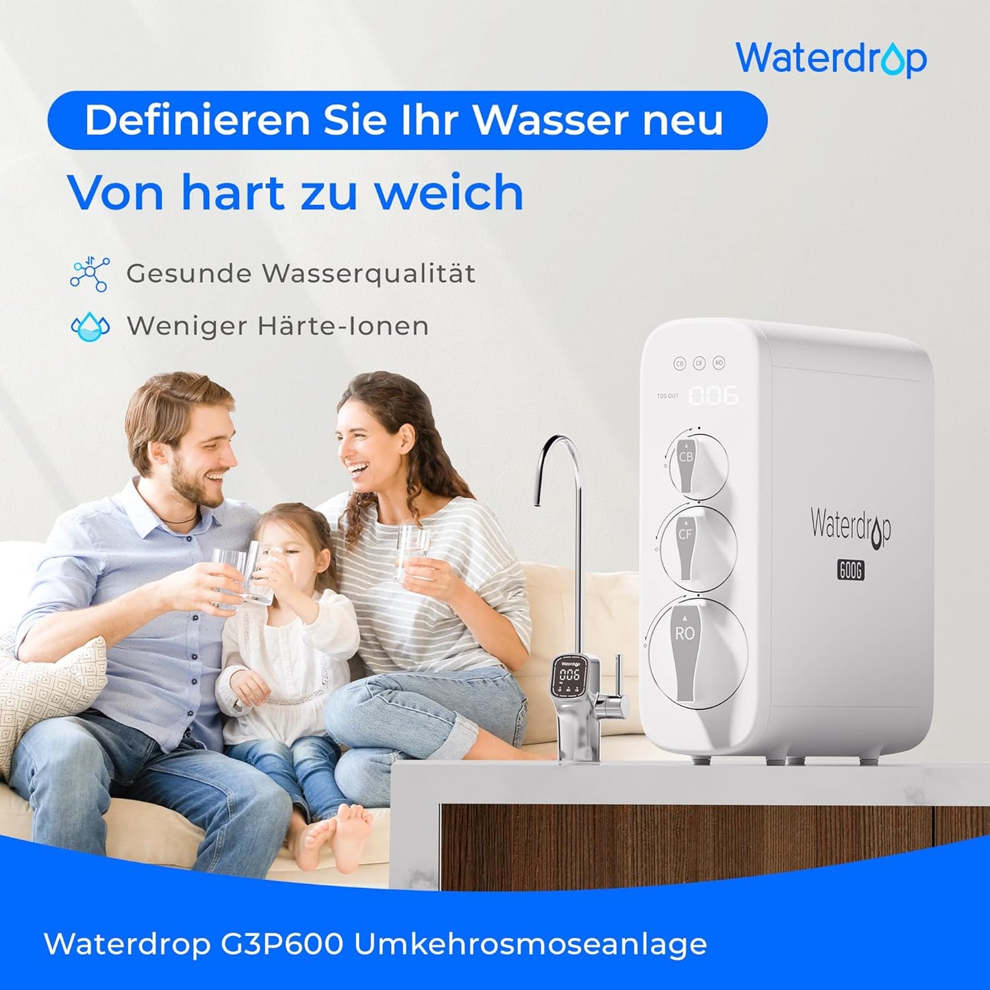 Waterdrop G3P600 Umkehrosmoseanlage, 600 GPD, 8000L, reduziert TDS, 2:1 Rein zum Abfluss, LED-Wasserhahn