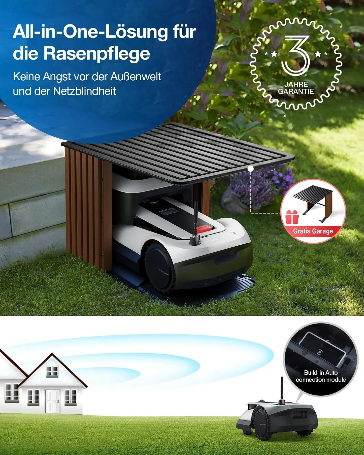 Ecovacs Goat G1-2000 Mähroboter mit Robuster Garage & Auto-Verbindung-Modul, ohne Begrenzungskabel für Gärten bis zu 2,000m2