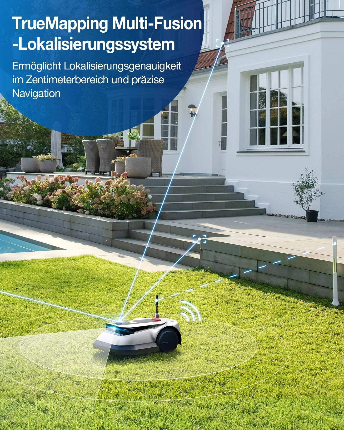 Ecovacs Goat G1-2000 Mähroboter mit Robuster Garage & Auto-Verbindung-Modul, ohne Begrenzungskabel für Gärten bis zu 2,000m2