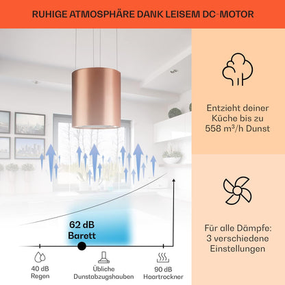 Klarstein Inselhaube Umluft, Leise Dunstabzugshaube für Kochinsel, Aktivkohlefilter, 558m³/h, Energieklasse B